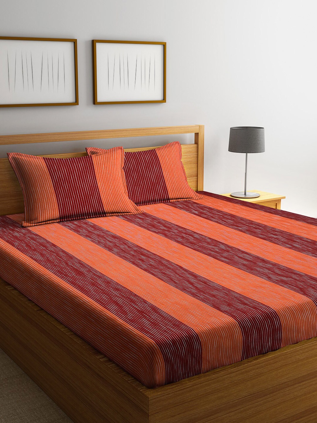 

Arrabi Red & Orange Striped 300 TC Super King Cotton Bedsheet with 2 Pillow Covers