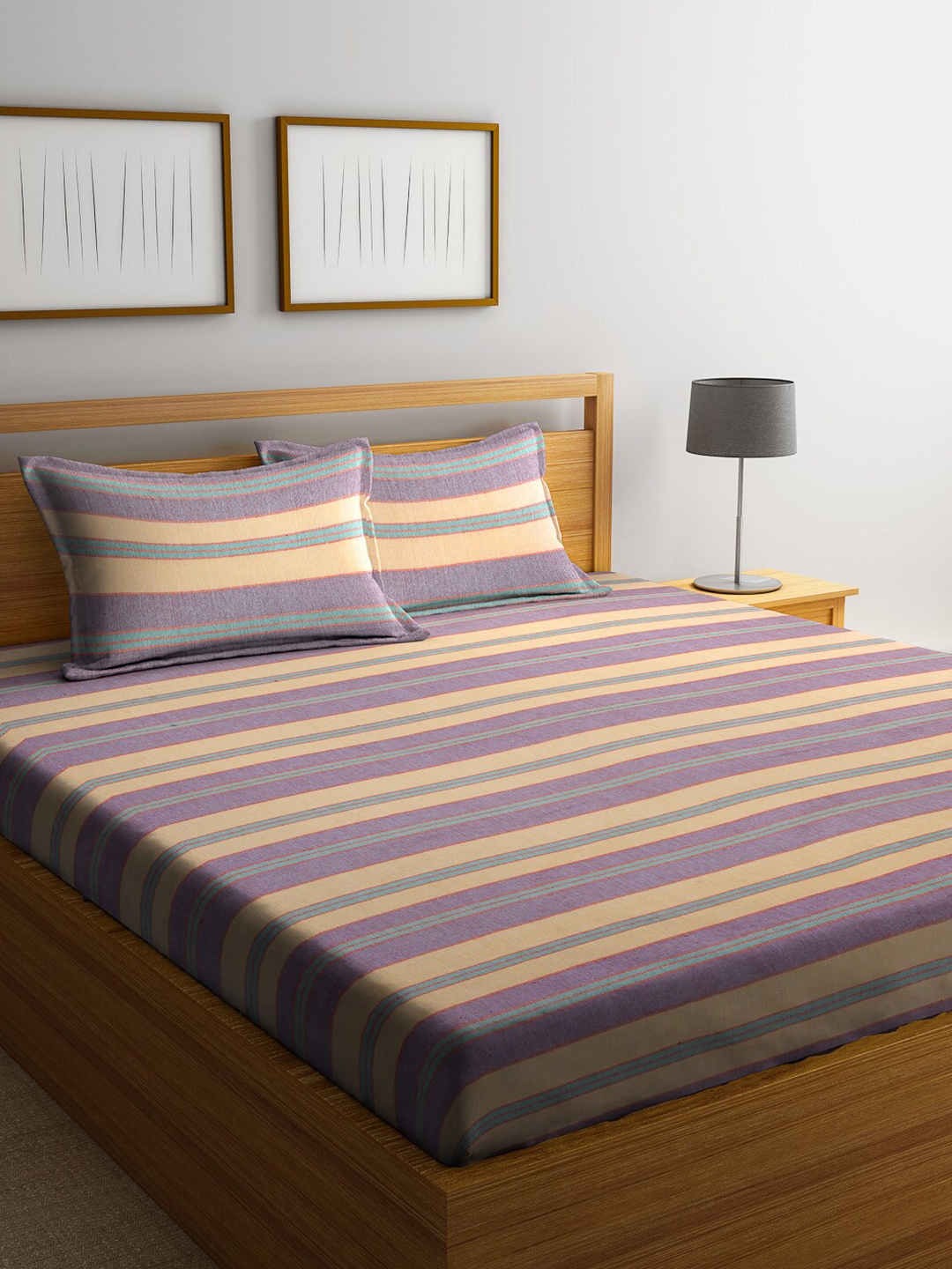 Arrabi Purple & Beige Striped 300 TC Super King Cotton Bedsheet with 2 Pillow Covers