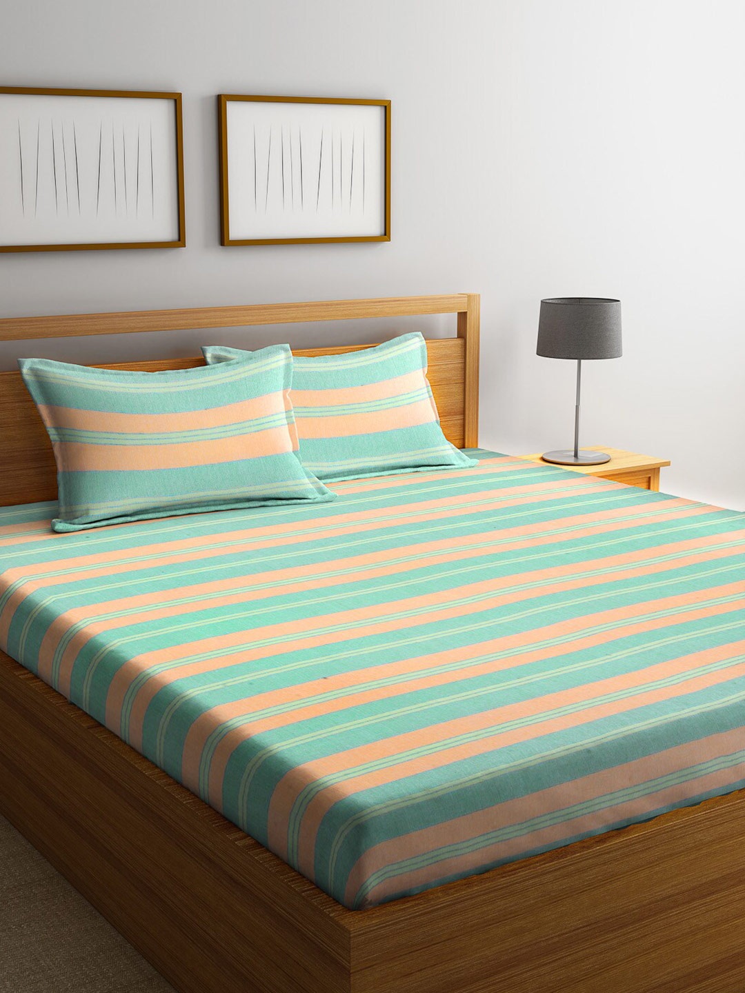

Arrabi Turquoise Blue & Peach-Coloured Striped 300 TC Super King Cotton Bedsheet with 2 Pillow Covers