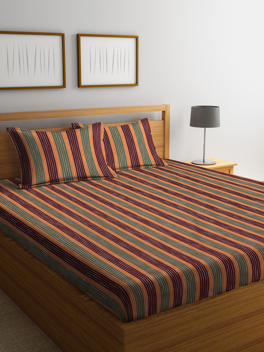 

Arrabi Maroon & Green Striped 300 TC King Cotton Bedsheet with 2 Pillow Covers