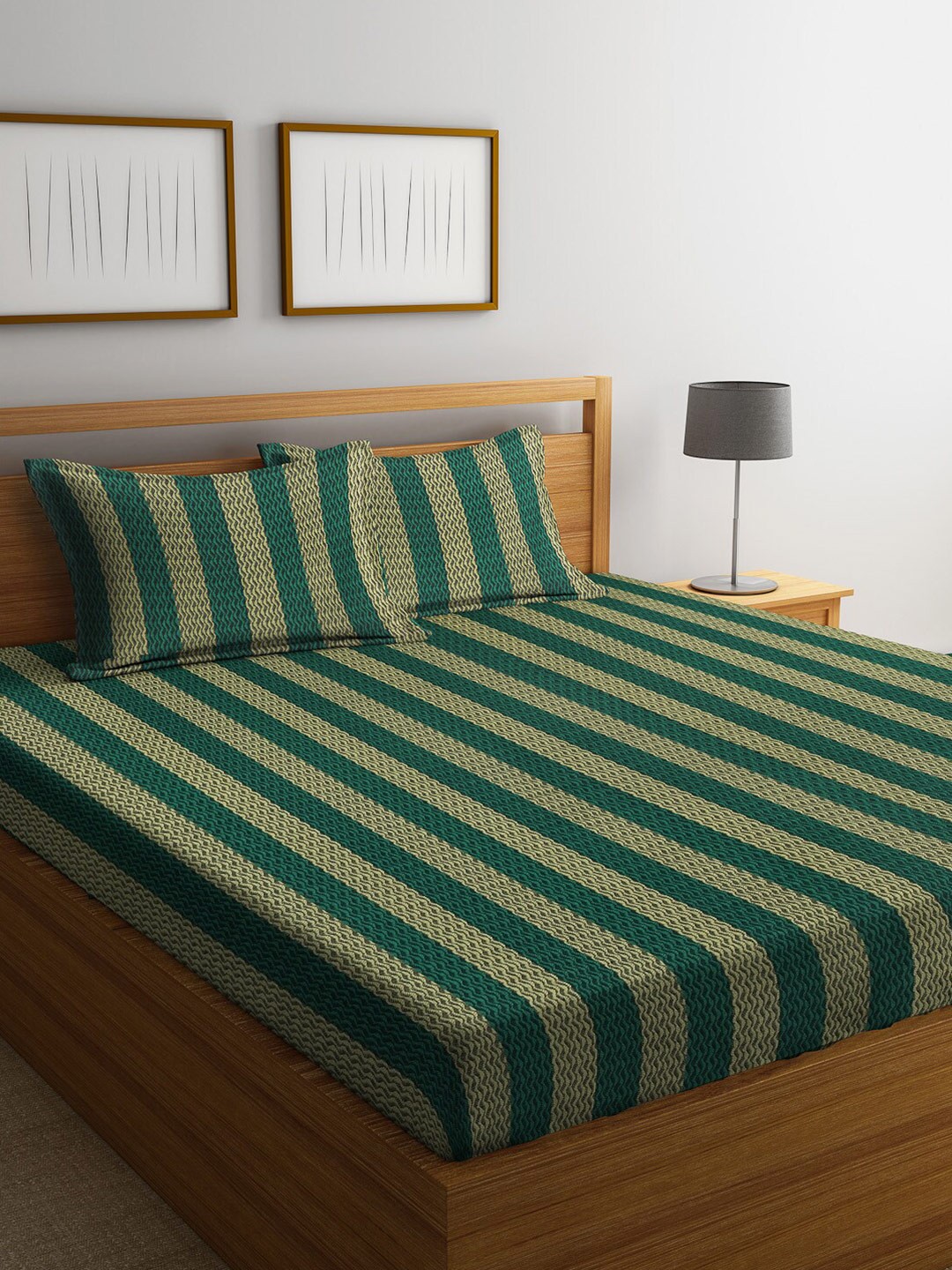 

Arrabi Green Striped 300 TC King Cotton Bedsheet with 2 Pillow Covers
