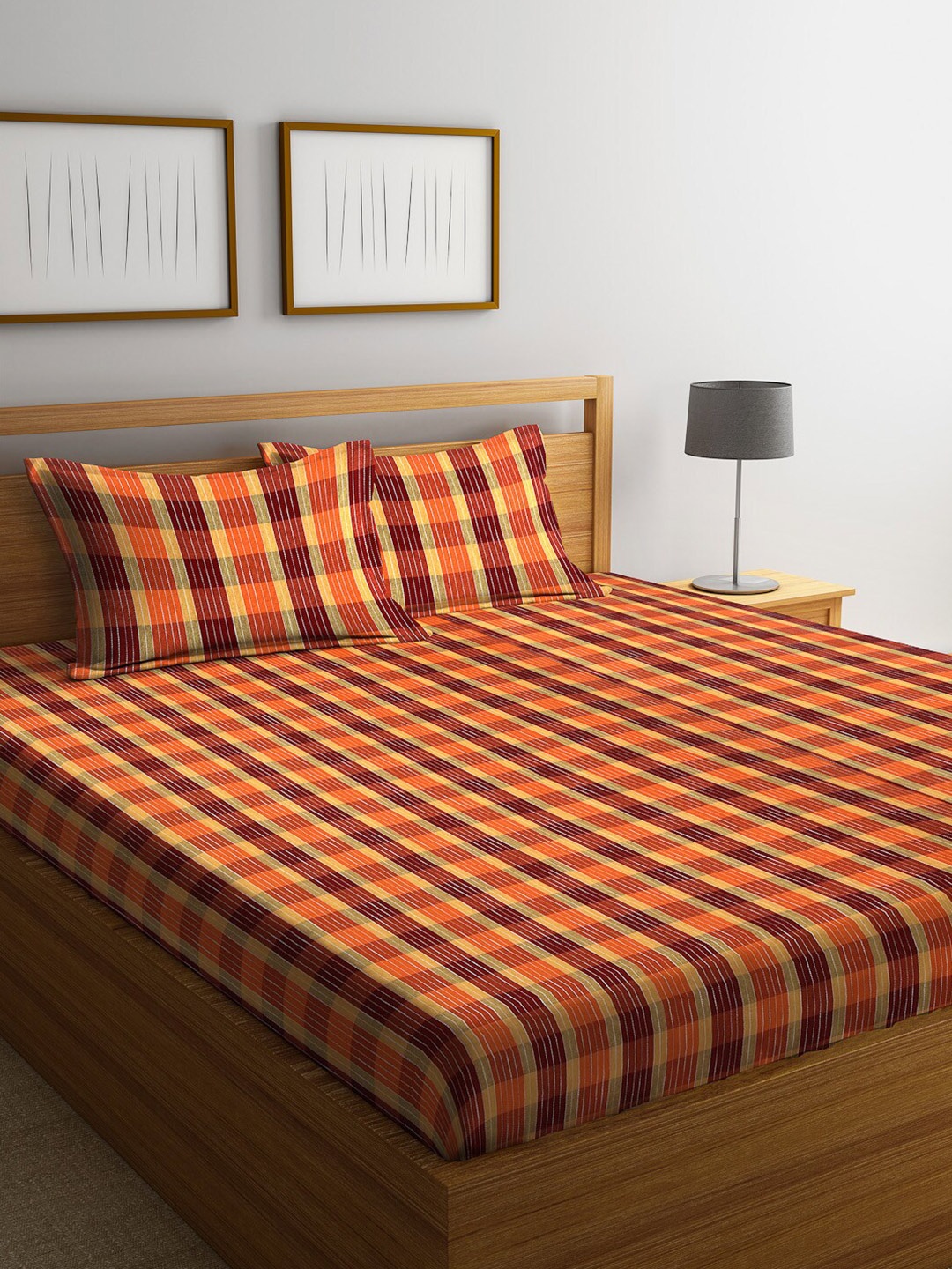 

Arrabi Orange & Maroon Striped 300 TC King Cotton Bedsheet with 2 Pillow Covers