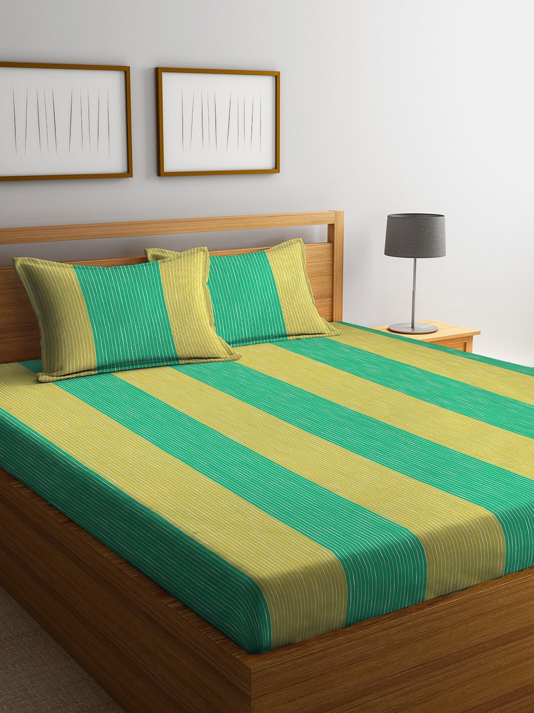 

Arrabi Green & Yellow Striped 300 TC King Cotton Bedsheet with 2 Pillow Covers