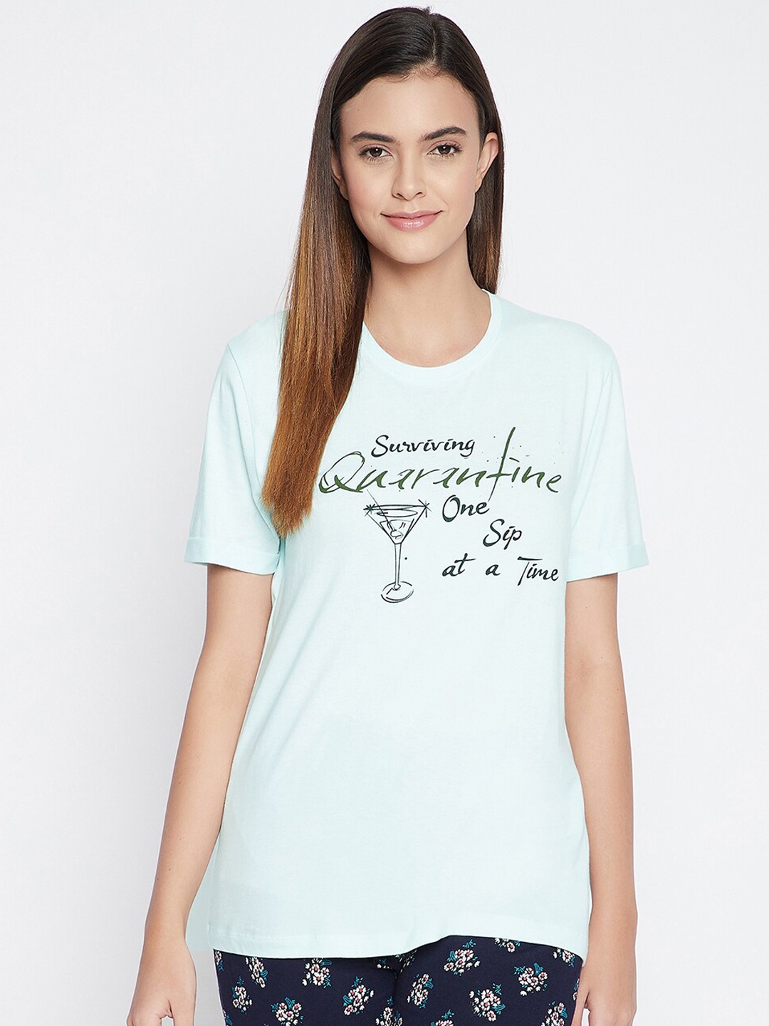 

Clovia Women Blue & Black Printed Cotton Lounge T-Shirt
