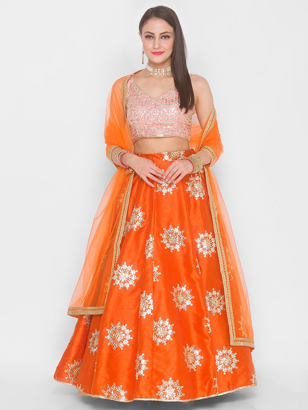 

6Y COLLECTIVE Orange & Pink Semi-Stitched Lehenga & Unstitched Blouse With Dupatta