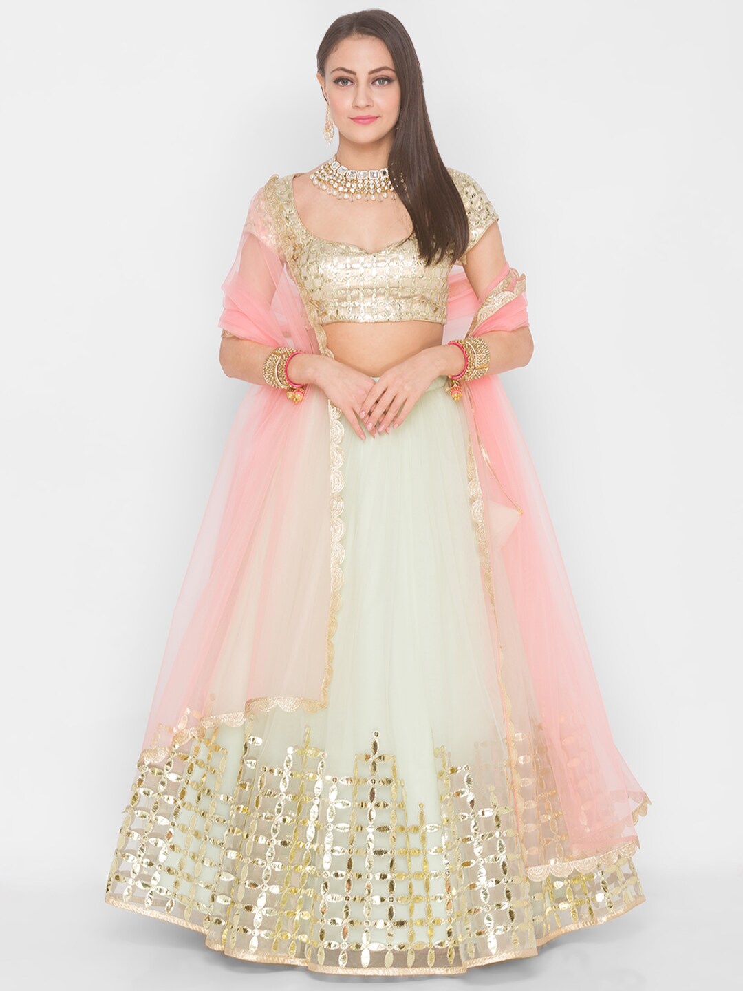 

6Y COLLECTIVE Cream-Coloured & Pink Semi-stitched Lehenga-unstitched blouse & dupatta