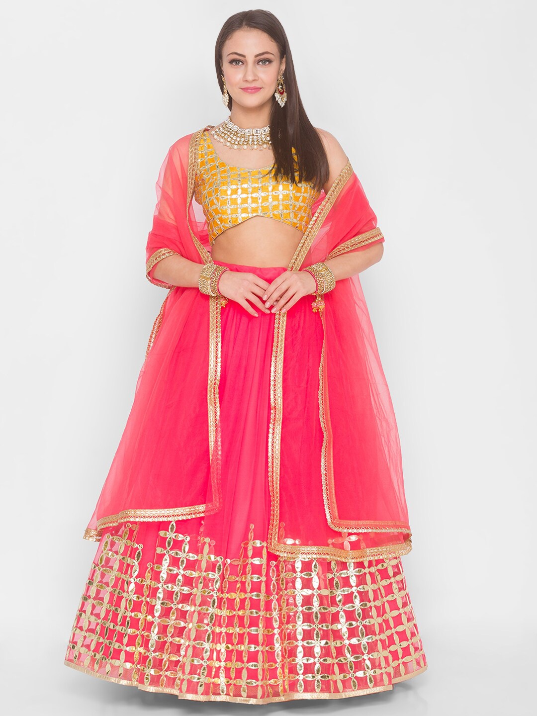 

6Y COLLECTIVE Pink & Orange Semi-stitched Lehenga-unstitched blouse & stitched dupatta