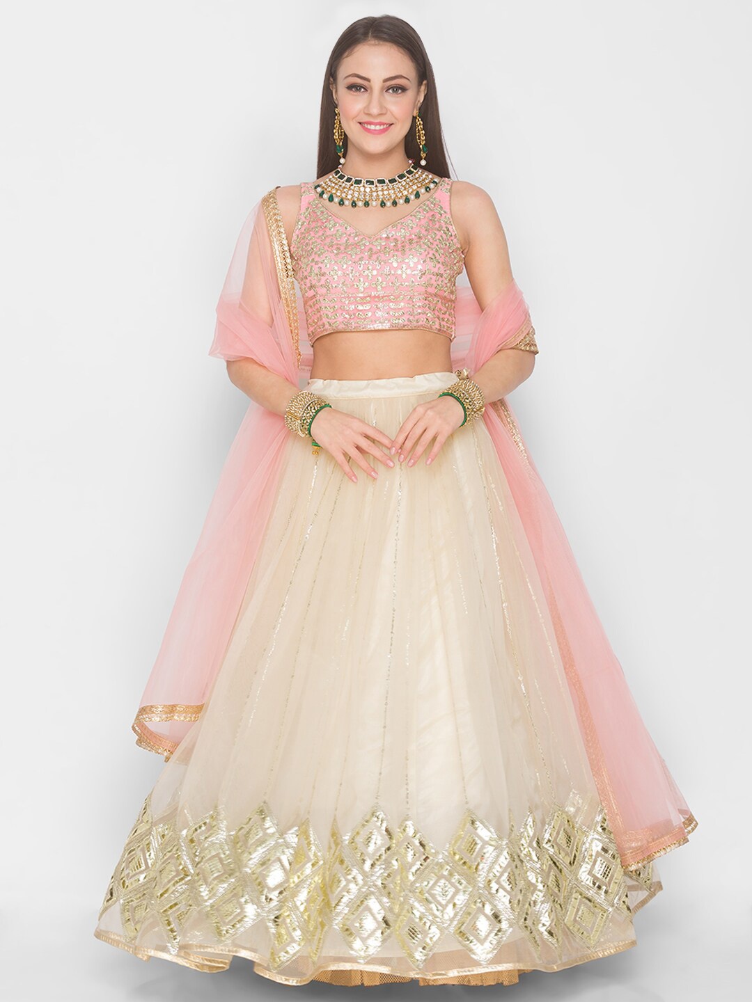 

6Y COLLECTIVE Beige & Pink Embroidered Sequinned Semi-Stitched Lehenga Choli