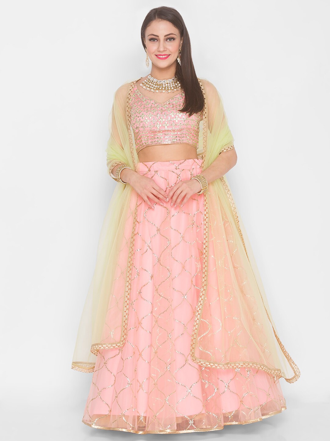 

6Y COLLECTIVE Peach-Coloured & Gold-Toned Sequinned Semi-Stitched Lehenga Choli