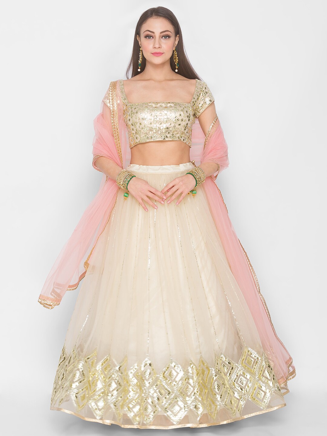 

6Y COLLECTIVE Beige & Pink Embroidered Sequinned Semi-Stitched Lehenga Choli