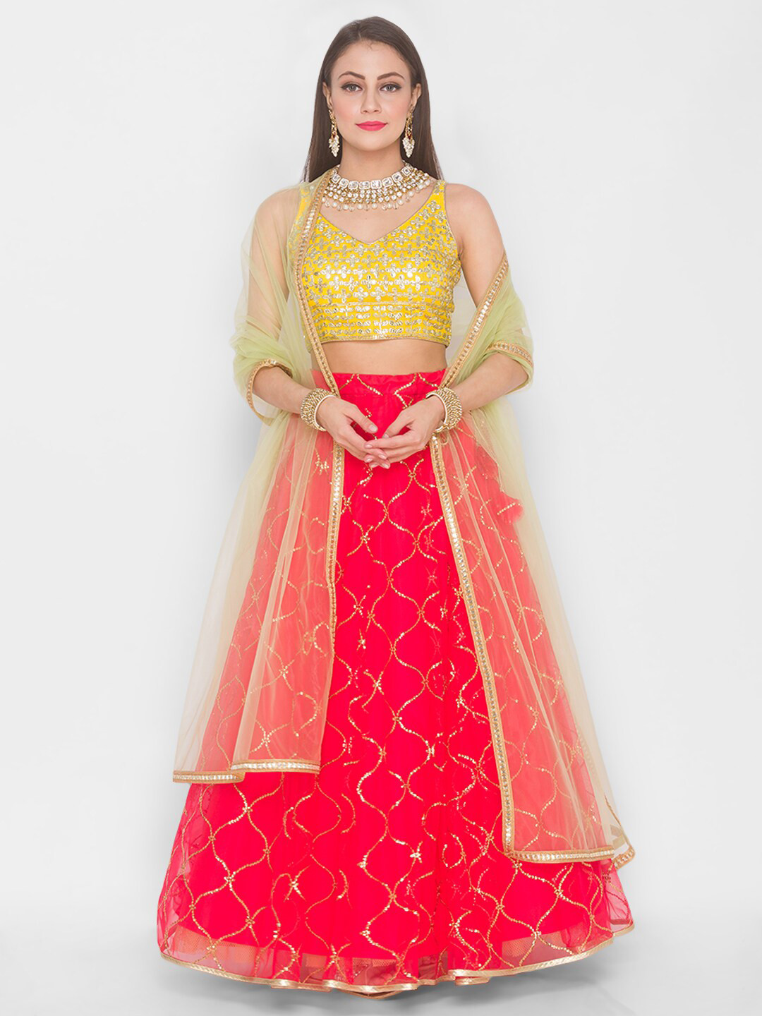 

6Y COLLECTIVE Red & Mustard Embroidered Sequinned Semi-Stitched Lehenga Choli
