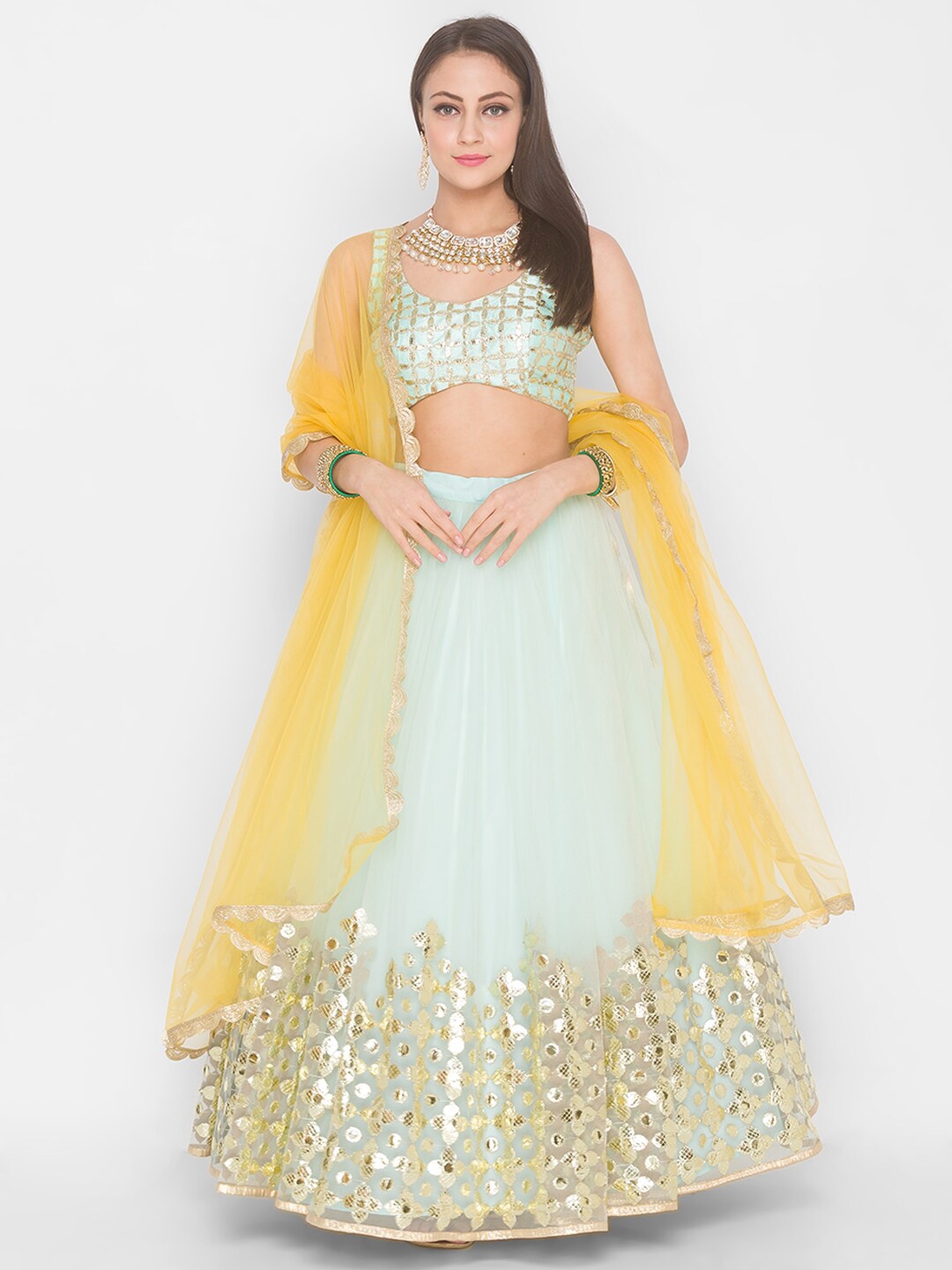 

6Y COLLECTIVE Turquoise Blue & Yellow Embroidered Sequinned Semi-Stitched Lehenga Choli