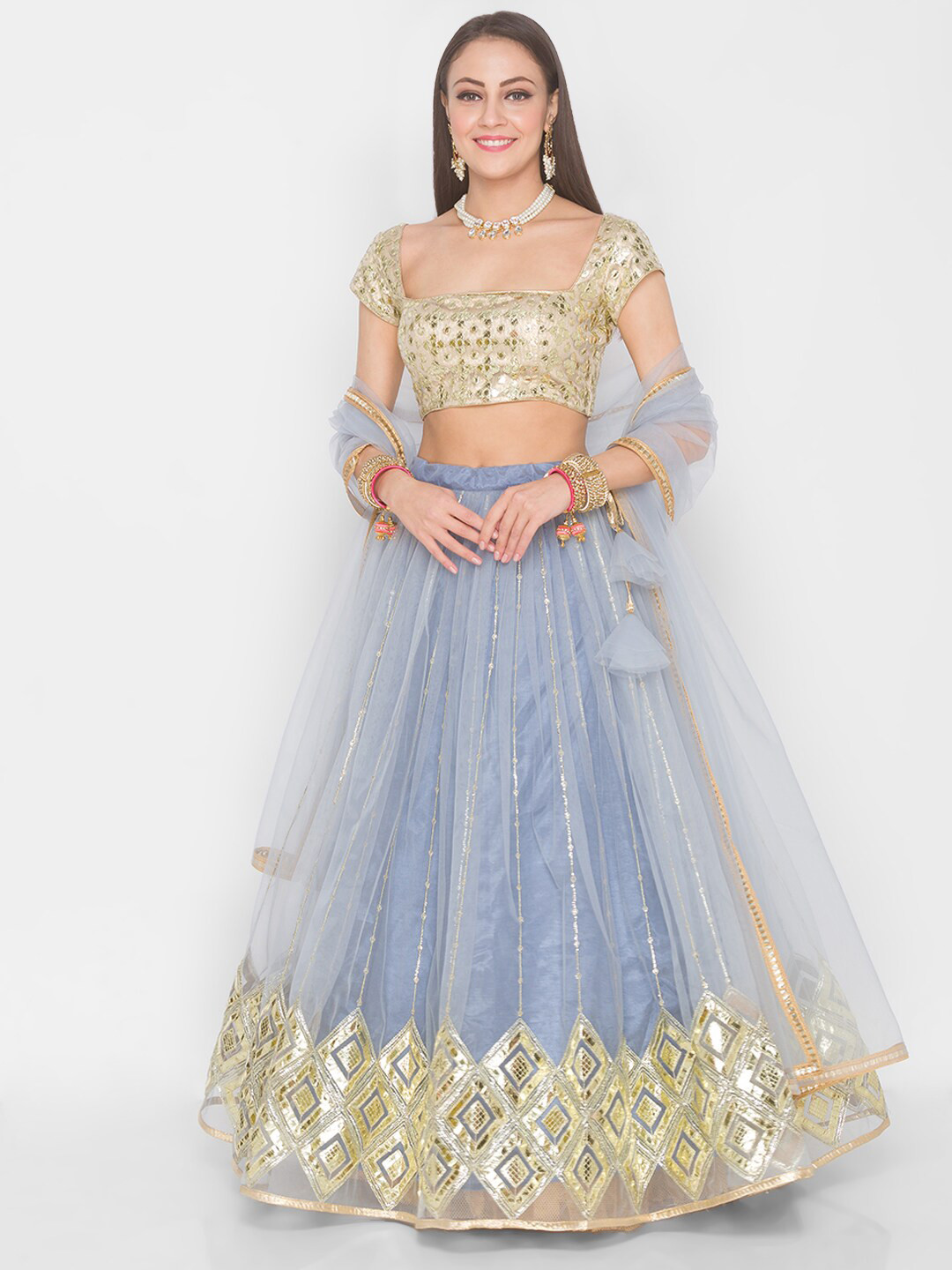 

6Y COLLECTIVE Grey Melange & Gold-Toned Embroidered Sequinned Semi-Stitched Lehenga & Unstitched Blouse With