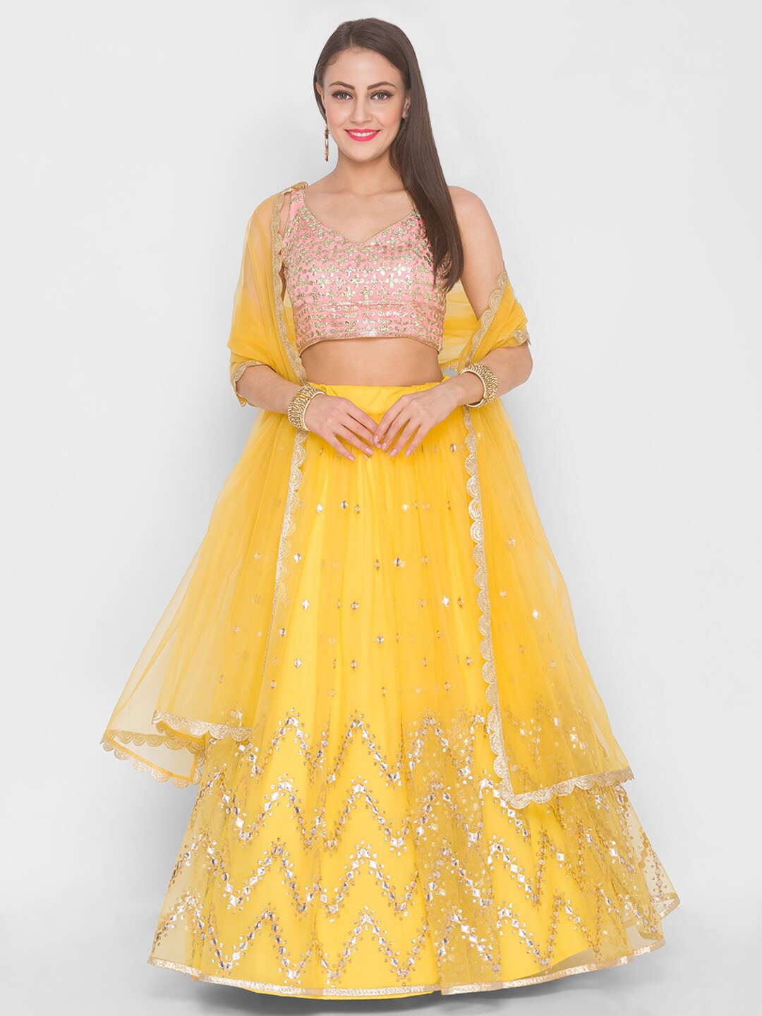 

6Y COLLECTIVE Mustard Yellow Semi-Stitched Lehenga & Unstitched Blouse With Dupatta
