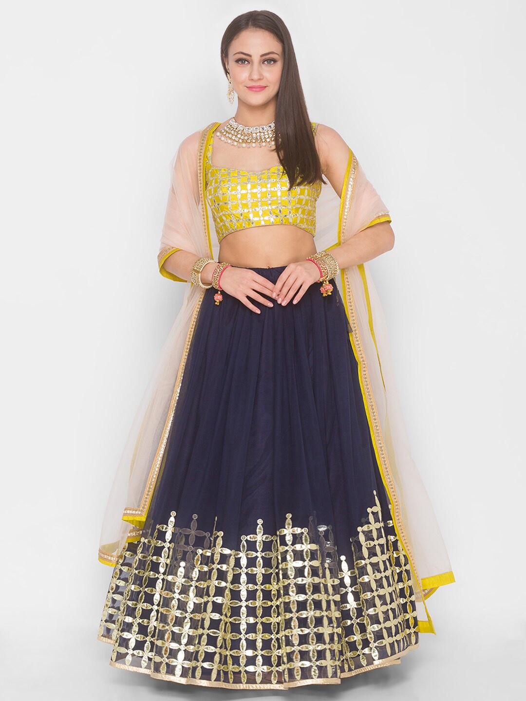 

6Y COLLECTIVE Navy Blue & Yellow Embroidered Sequinned Semi-Stitched Lehenga & Unstitched Blouse With