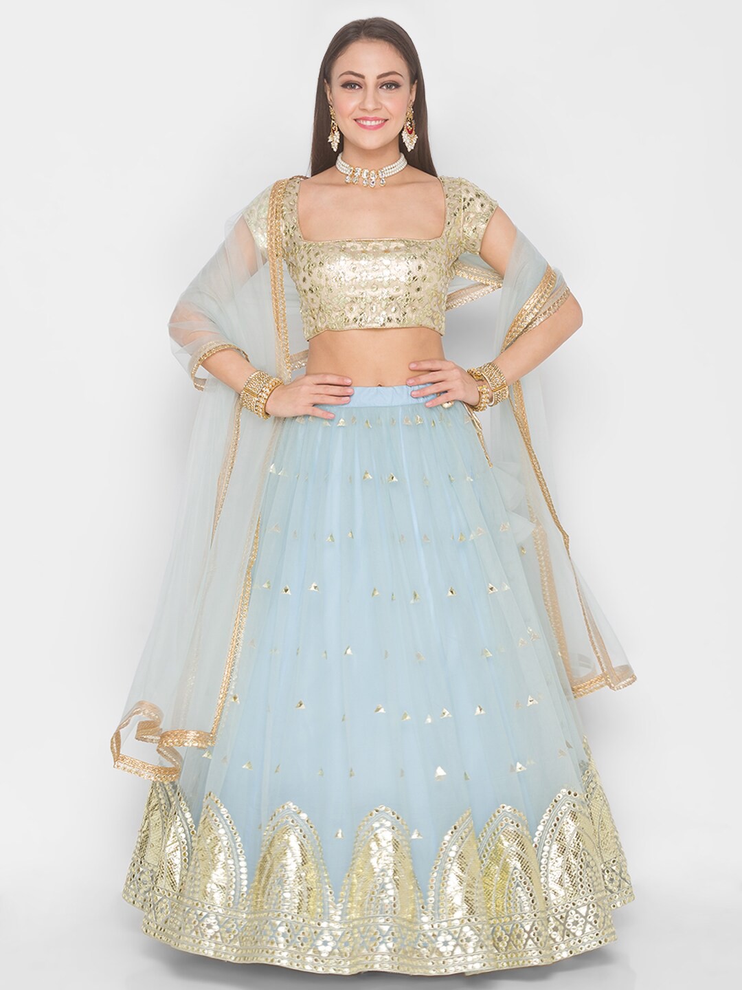 

6Y COLLECTIVE Turquoise Blue & Gold-Toned Embroidered Sequinned Semi-Stitched Lehenga & Unstitched Blouse
