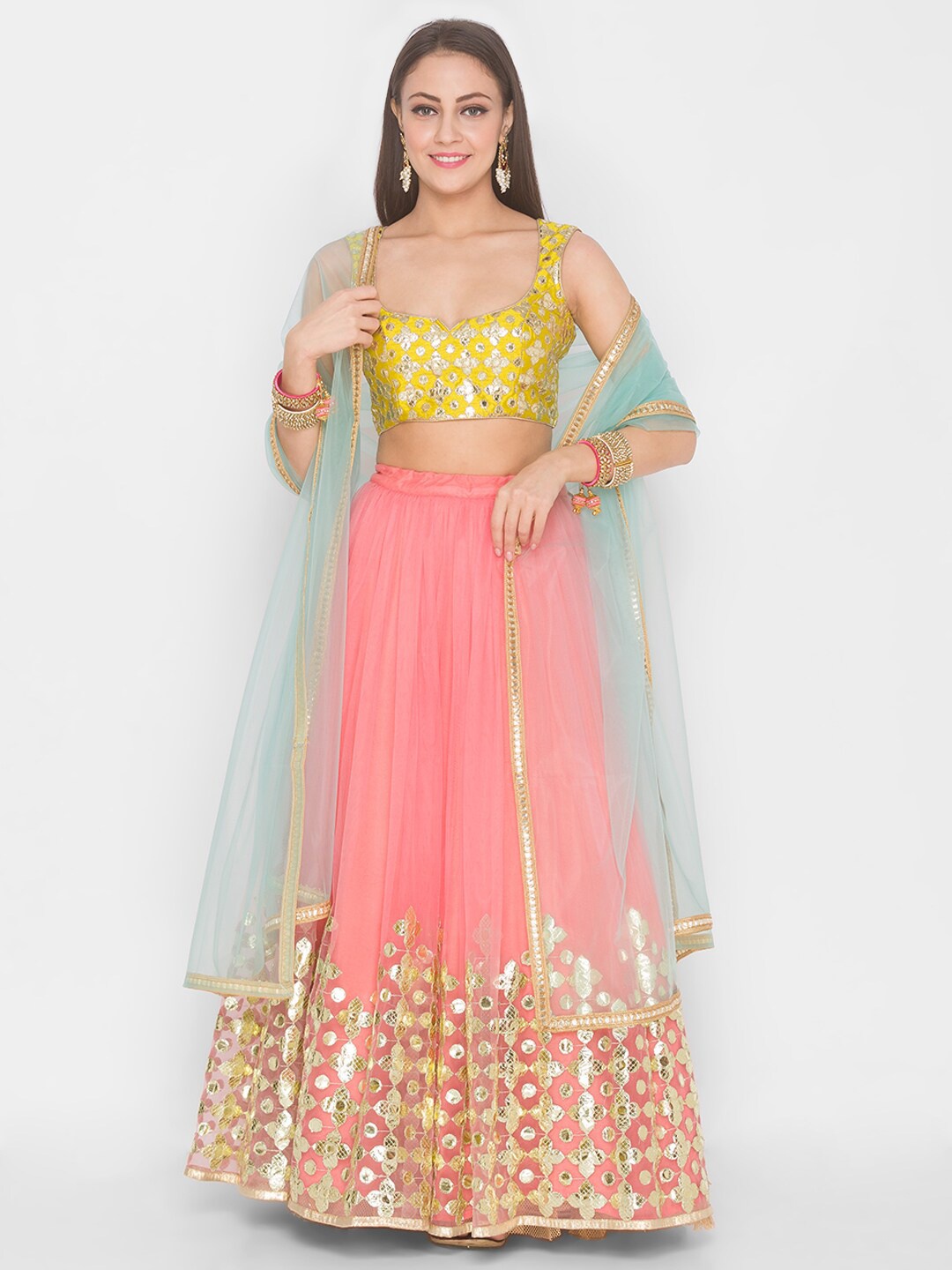 

6Y COLLECTIVE Pink & Turquoise Blue Embroidered Sequinned Semi-Stitched Lehenga & Unstitched Blouse With