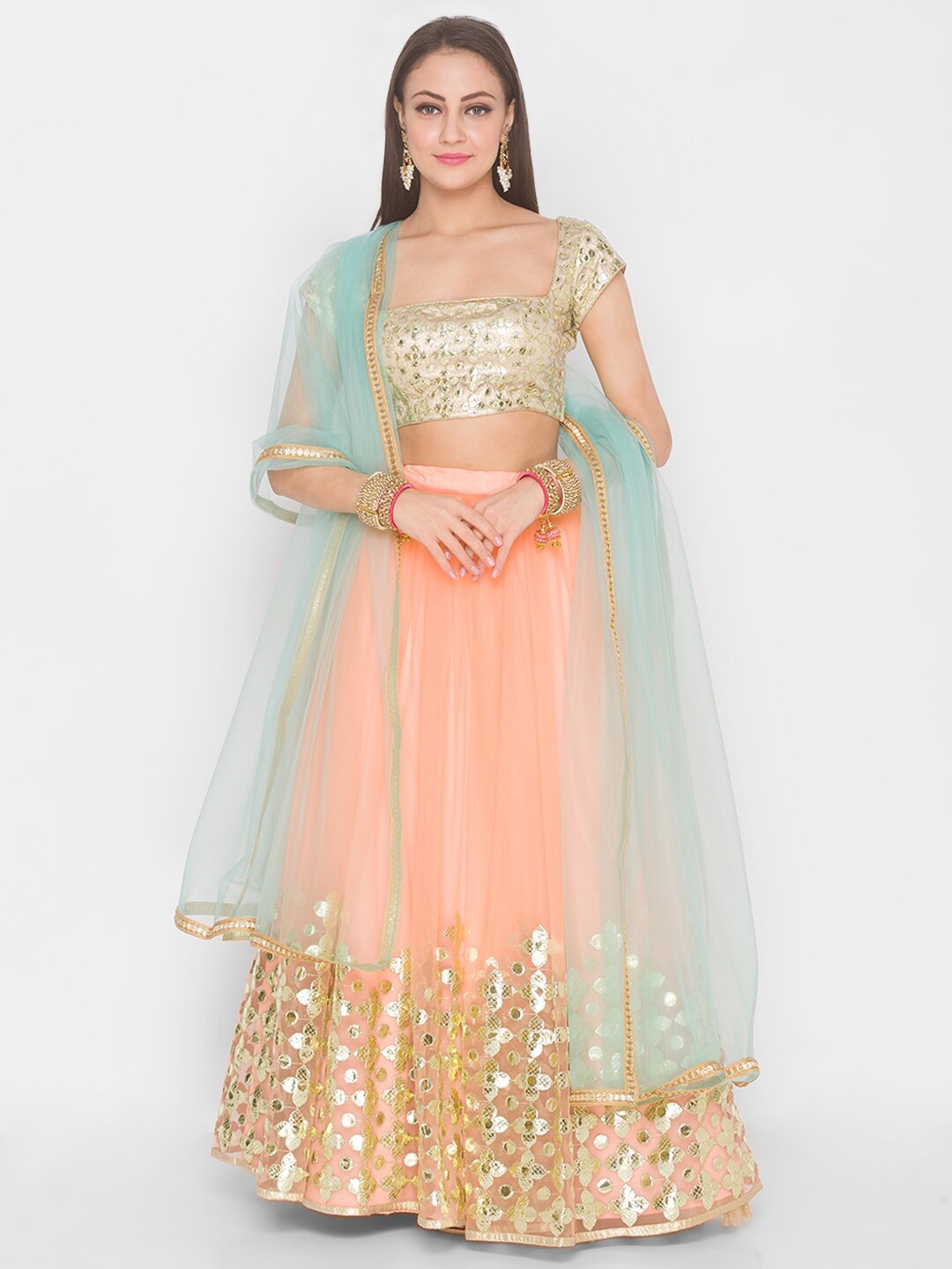 

6Y COLLECTIVE Coral & Turquoise Blue Semi-Stitched Lehenga & Unstitched Blouse