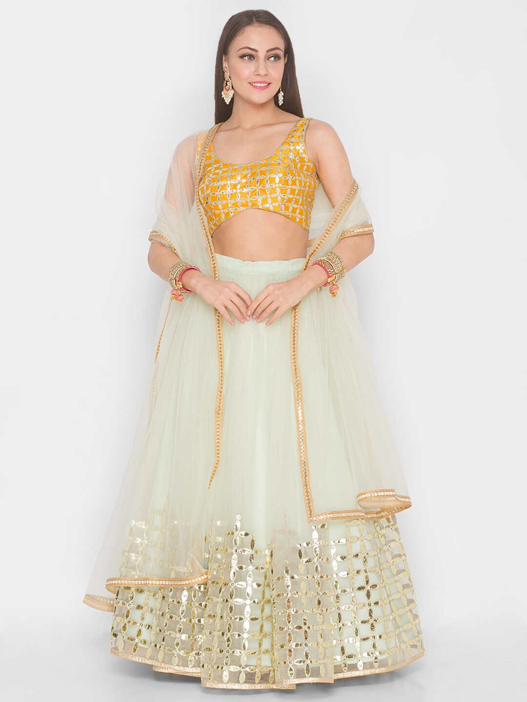 

6Y COLLECTIVE Green & Yellow Embroidered Sequinned Semi-Stitched Lehenga & Unstitched Blouse With Dupatta