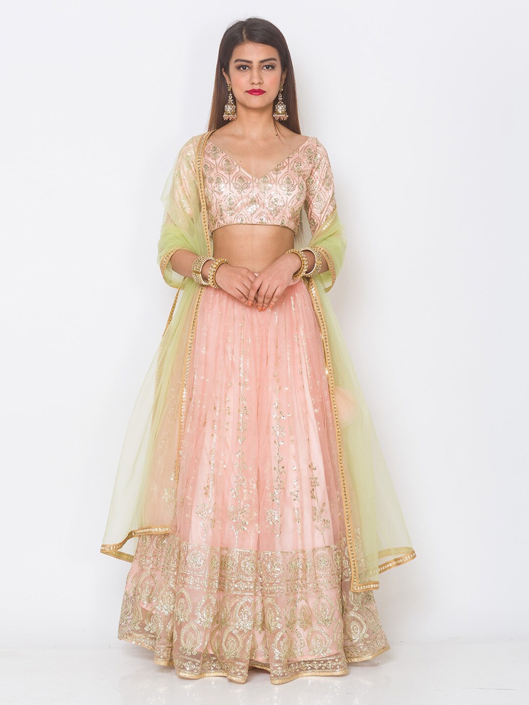 

6Y COLLECTIVE Peach-Coloured & Green Embroidered Sequinned Semi-Stitched Lehenga & Unstitched Blouse With