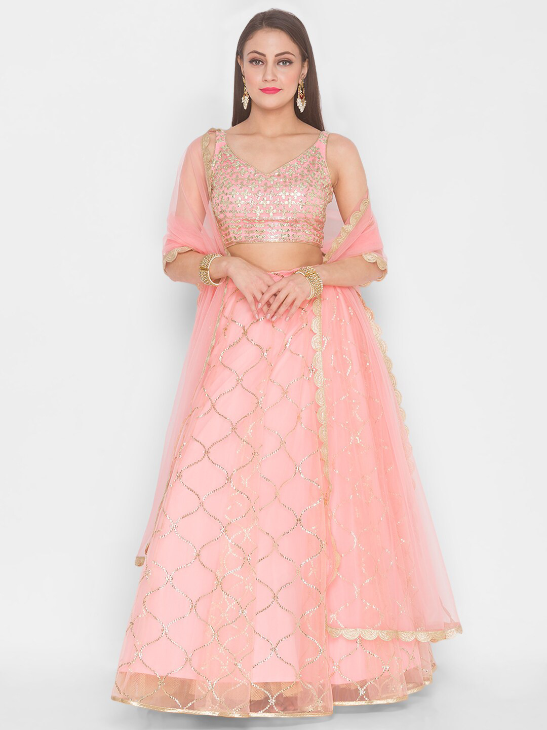 

6Y COLLECTIVE Peach-Coloured & Gold-Toned Embroidered Sequinned Semi-Stitched Lehenga & Unstitched Blouse