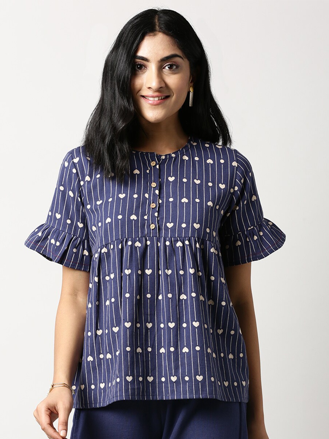 

Saaki Women Navy Blue & White Printed A-Line Top