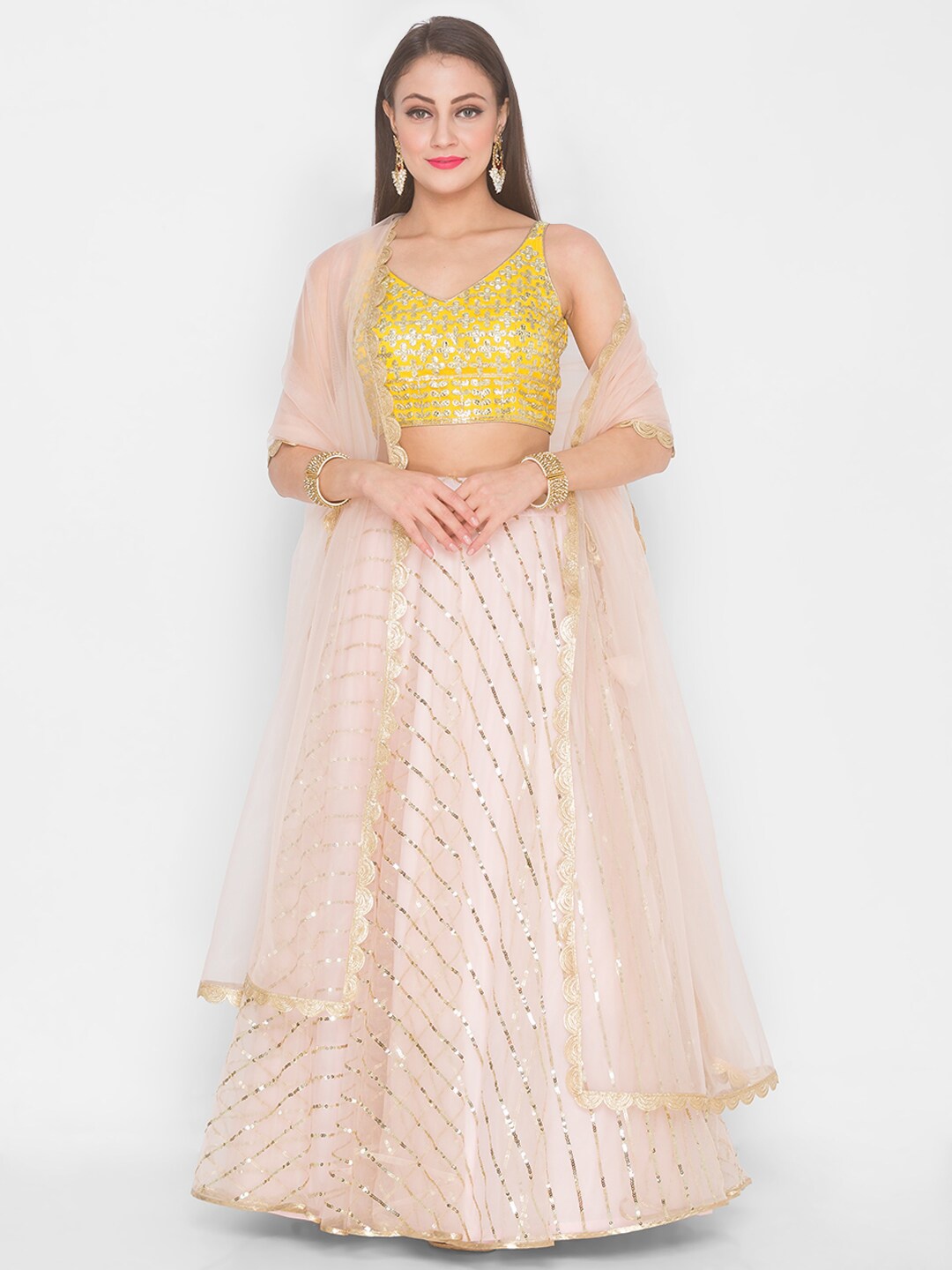 

6Y COLLECTIVE Pink & Yellow Embroidered Sequinned Semi-Stitched Lehenga & Unstitched Blouse With Dupatta