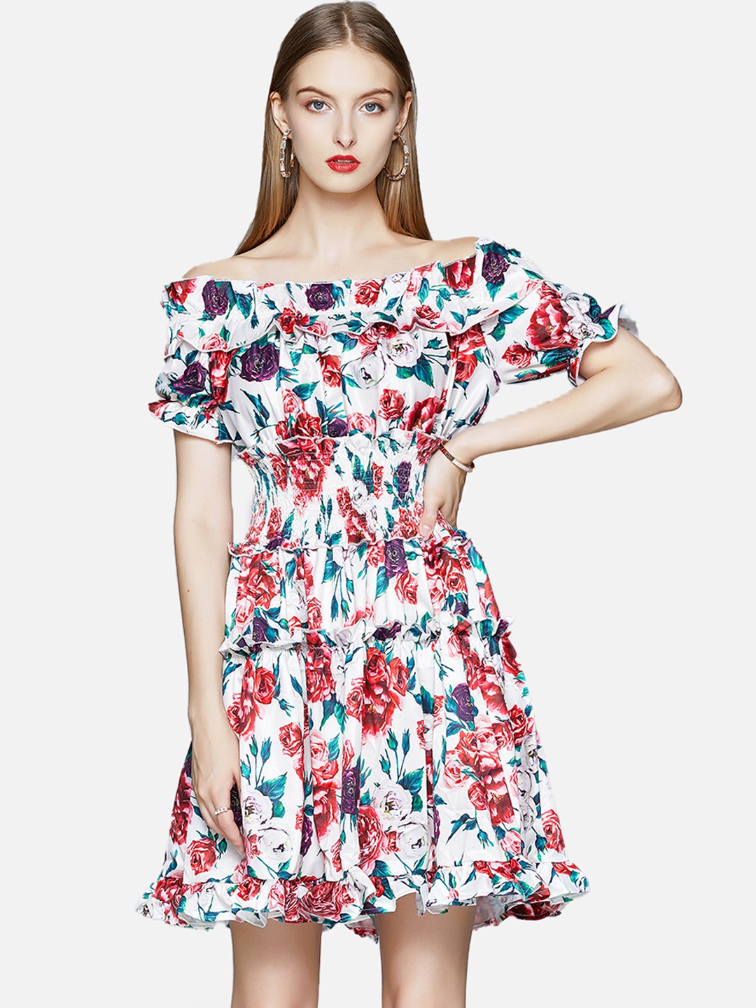 

JC Collection Women Red& White Floral Off-Shoulder Dress
