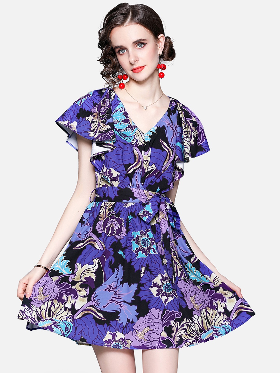 

JC Collection Women Purple & Blue Floral Printed Belted Dress