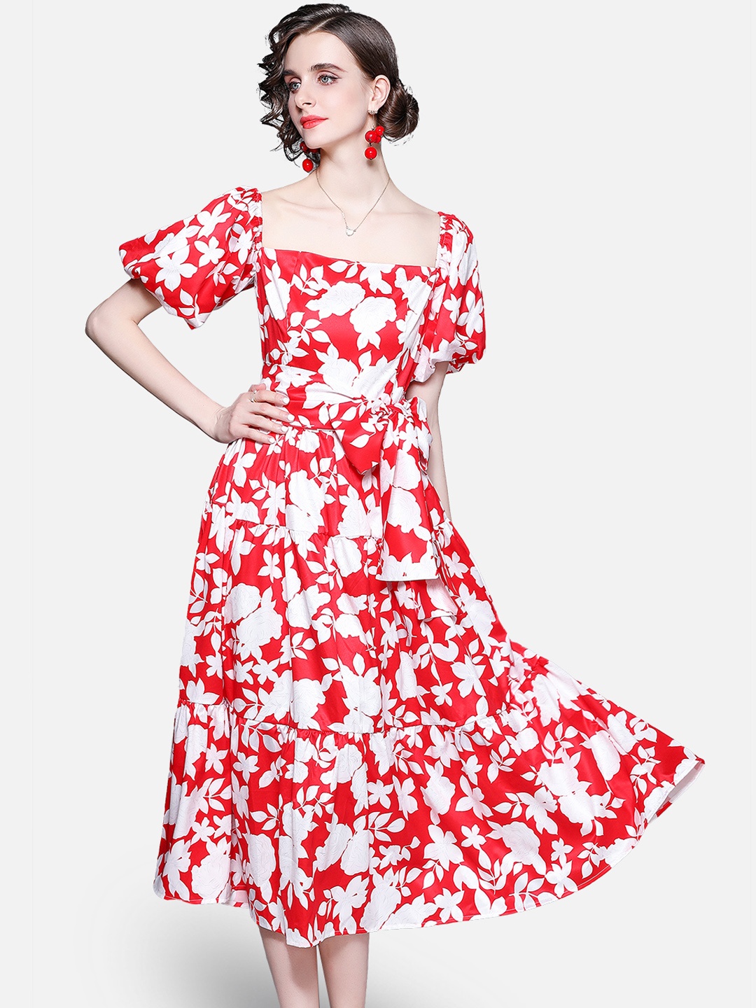 

JC Collection Women Red & White Floral Printed Belted Dress