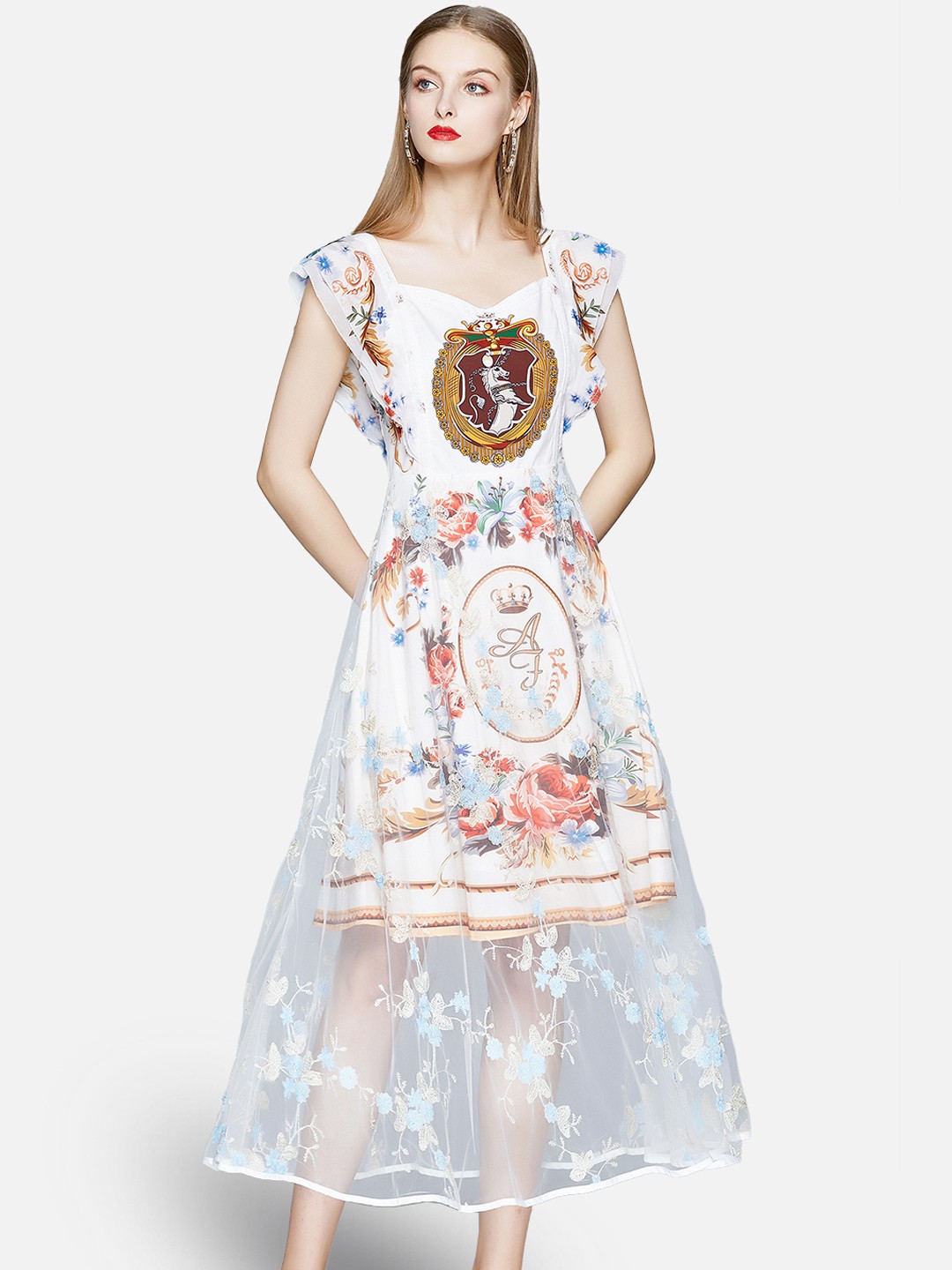 

JC Collection White & Blue Floral Sweetheart neck Layered Maxi Dress