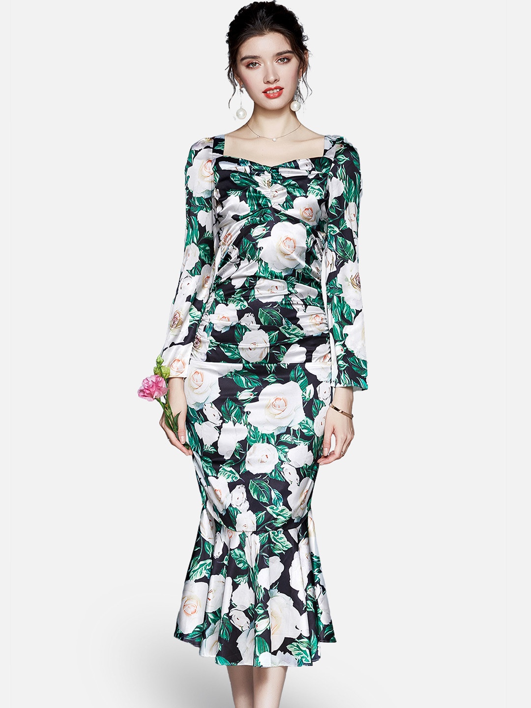 

JC Collection Green & White Floral Sheath Midi Dress