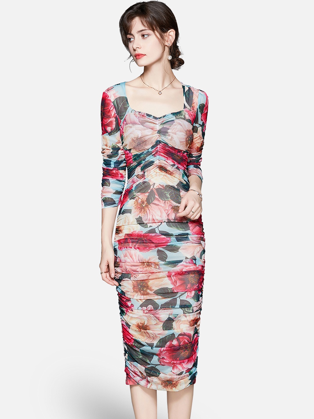 

JC Collection Red Floral Bodycon Ruched Midi Dress