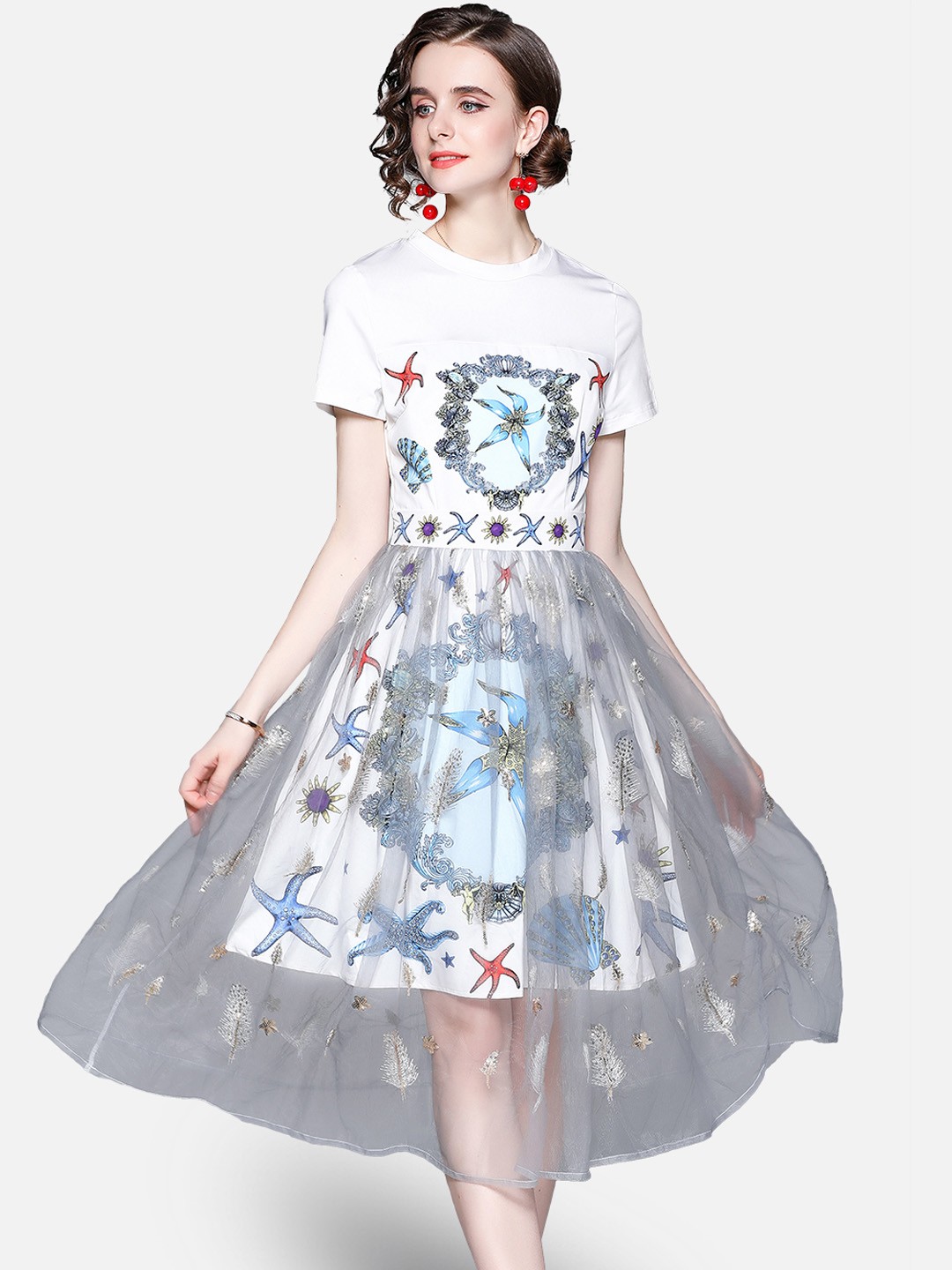 

JC Collection Blue & White Layered Fit & Flare Dress
