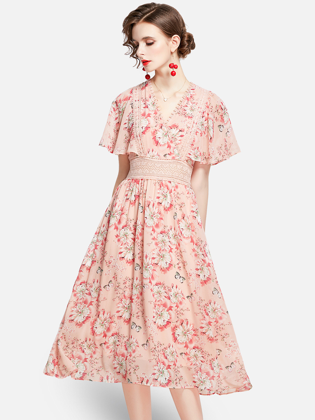 

JC Collection Women Pink & Off White Floral Chiffon Midi Dress