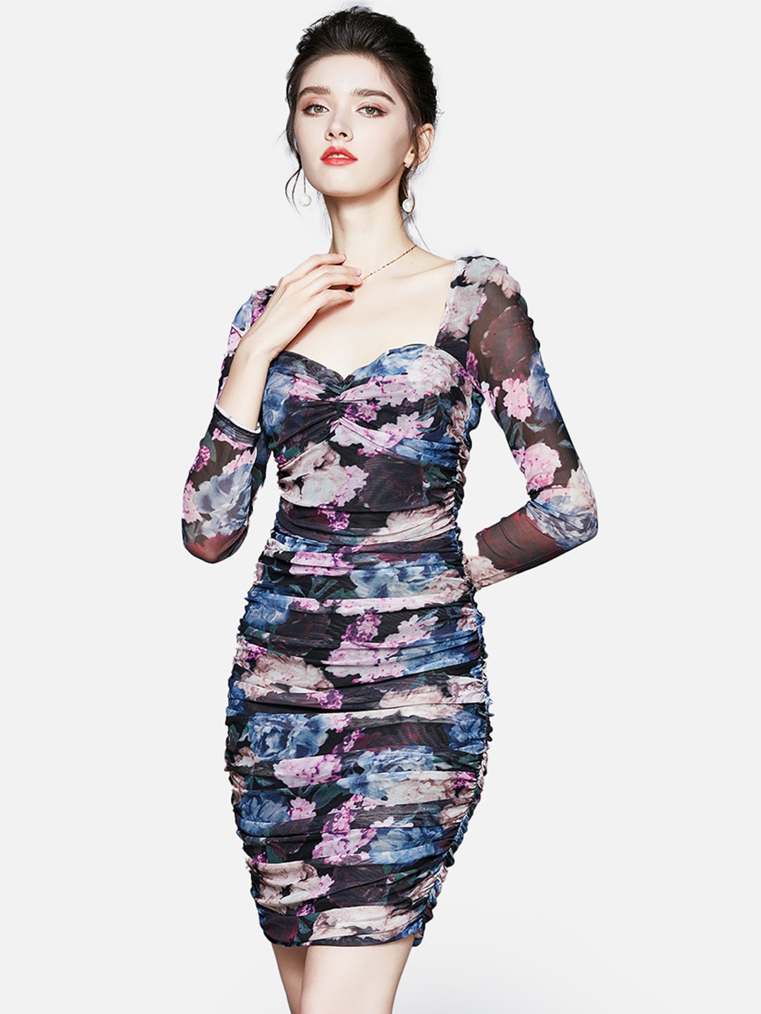 

JC Collection Women Purple & Pink Floral Printed Ruched Bodycon Dress