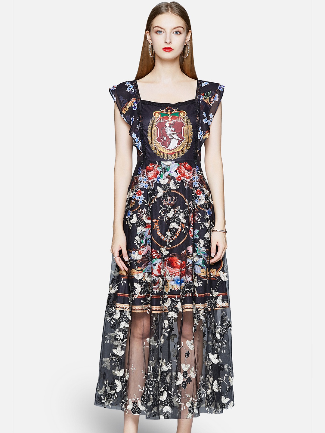 

JC Collection Women Black & White Floral Printed Layered Maxi Dress