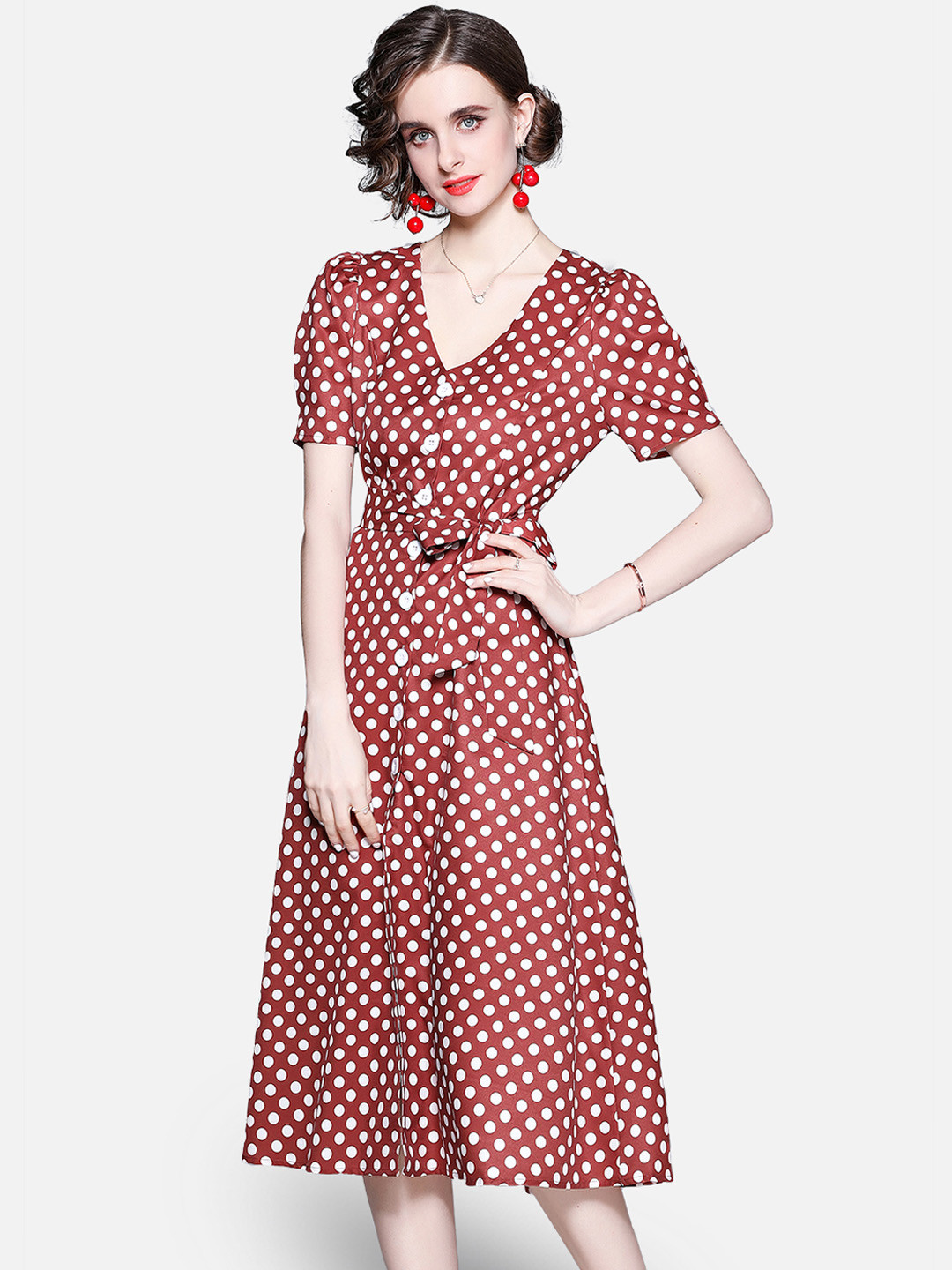 

JC Collection Women Red & White Polka Dot Printed Belted Shirt Midi Dress