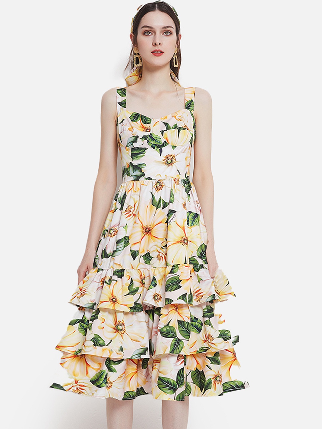 

JC Collection Women Yellow & Green Floral Layered Chiffon Midi Dress