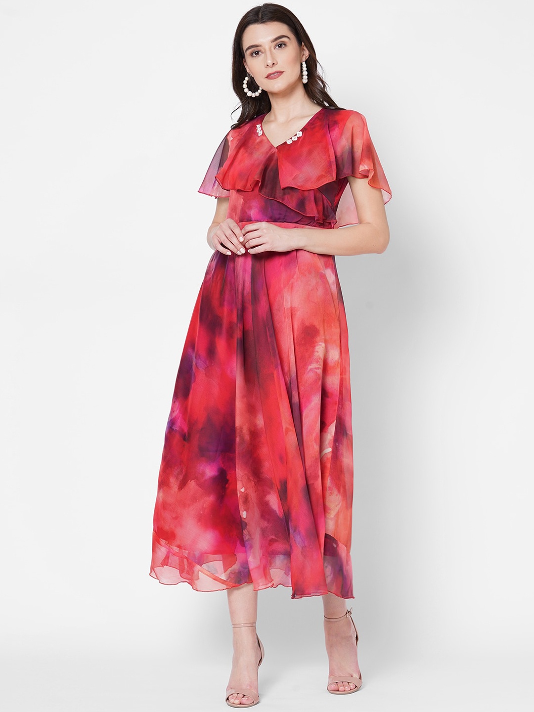 

FASHOR Multicoloured Abstract Printed Cape Sleeves Midi Fit & Flare Dress, Multi