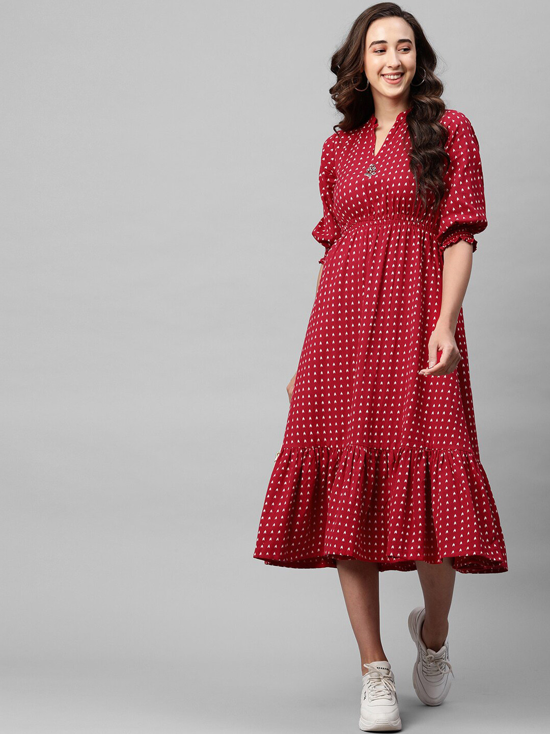 

FASHOR Red & White Ikat Woven Puff Sleeves Midi Fit & Flare Dress