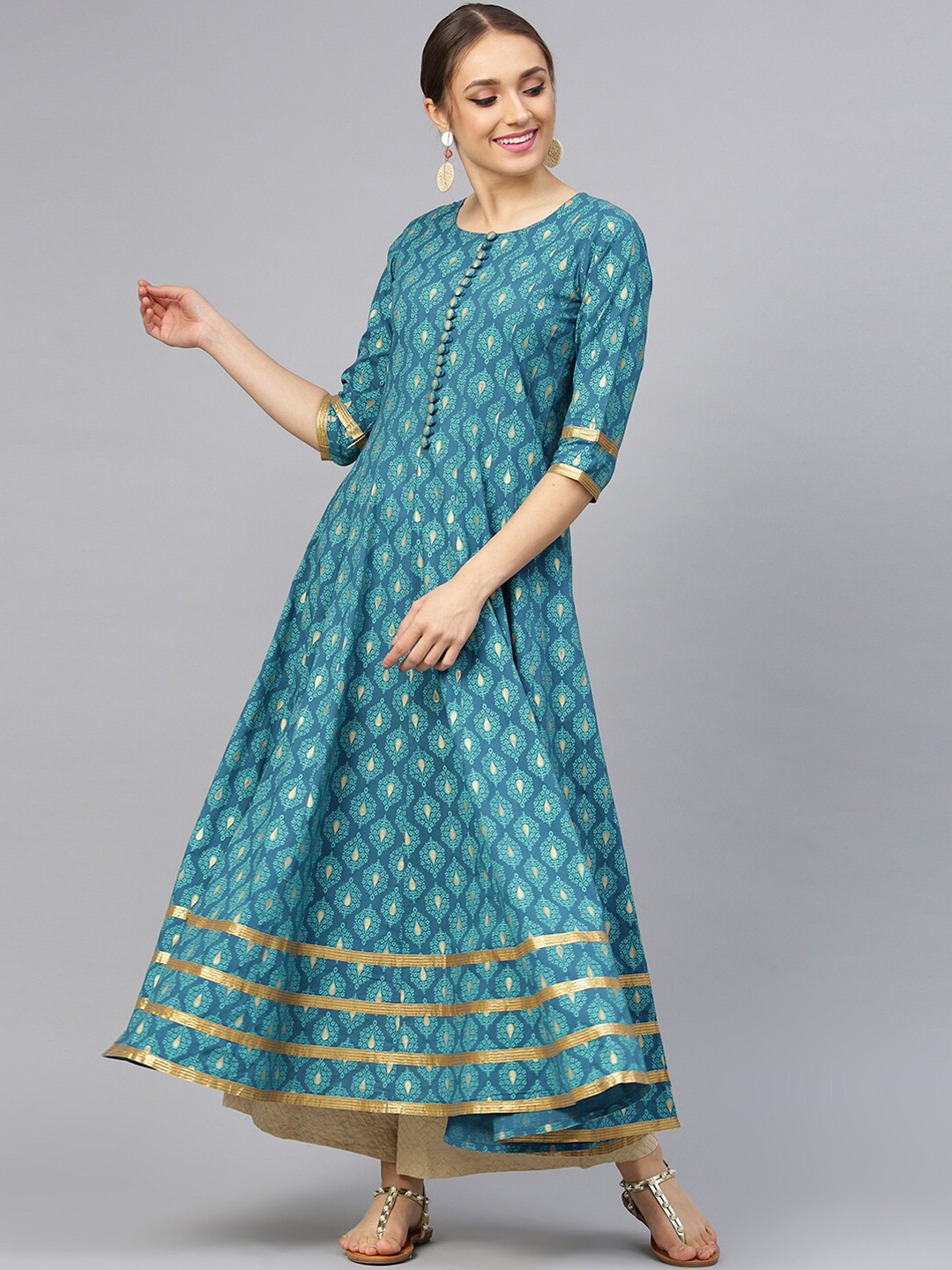 

Idalia Women Turquoise Blue & Gold-Coloured Ethnic Motifs Printed Anarkali Kurta