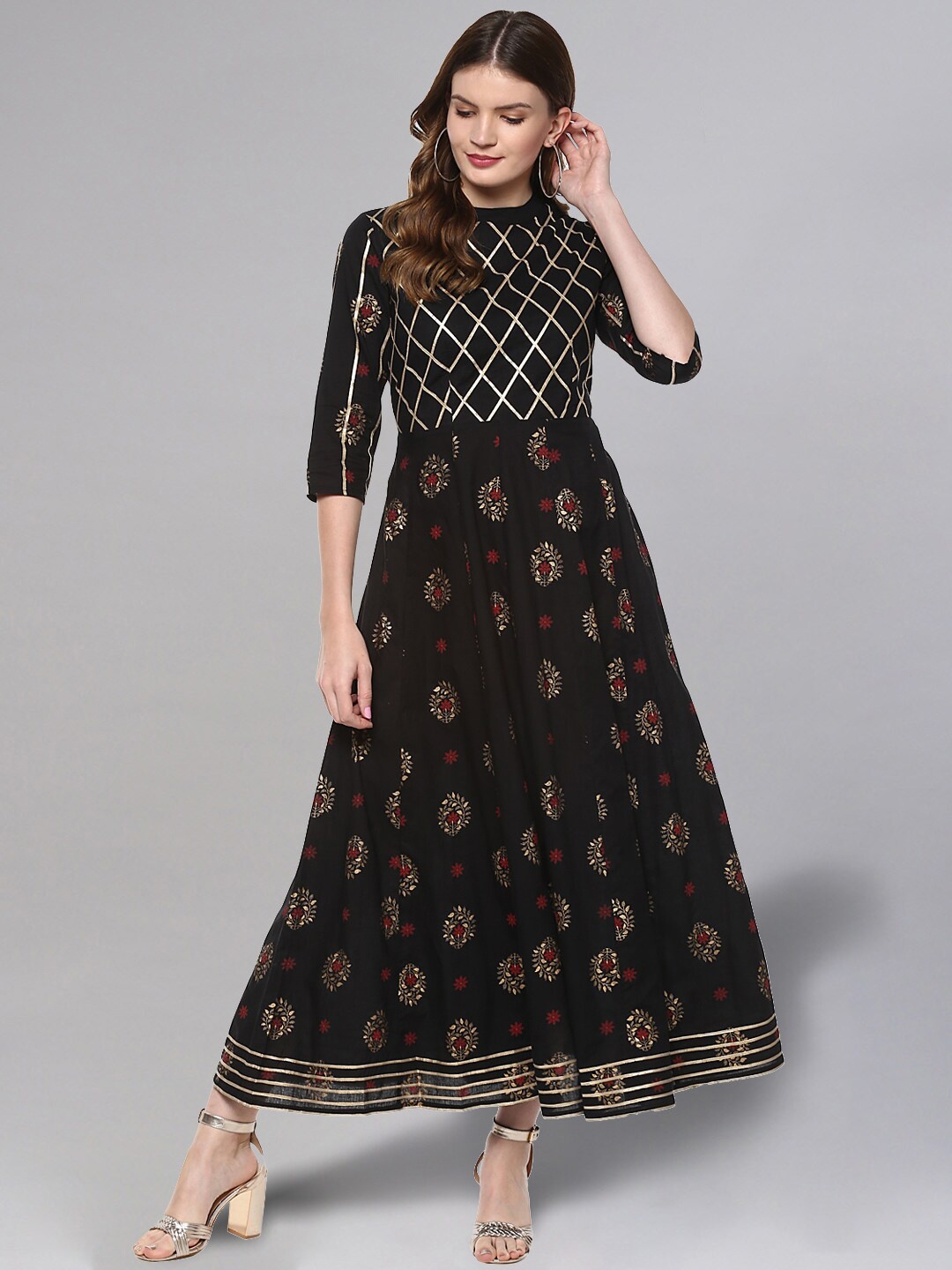 

Idalia Ethnic Motifs Printed Cotton A-Line Ethnic Dress, Black