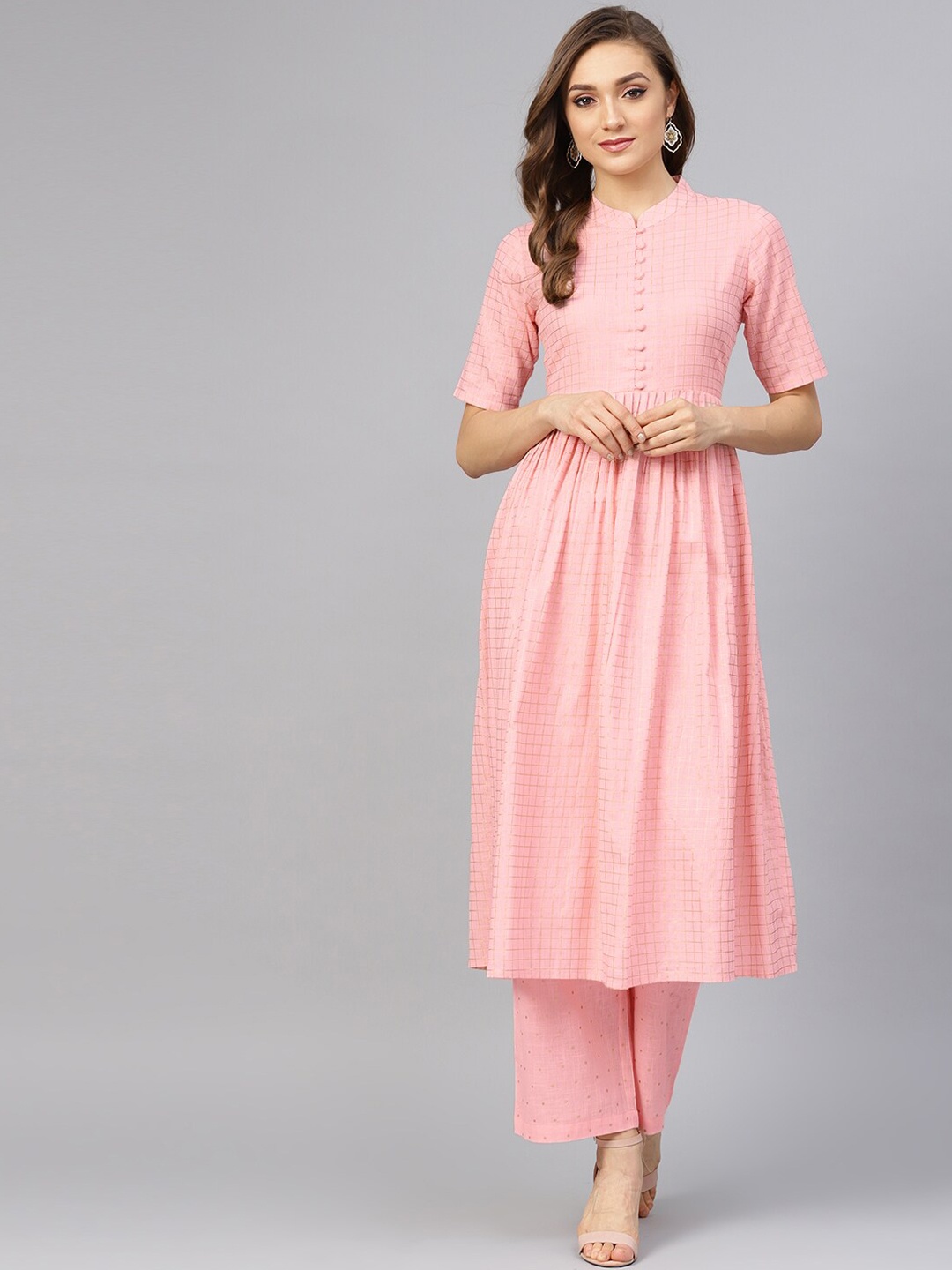 

Idalia Women Pink & Gold Coloured Pleated Pure Cotton Kurta with Trousers