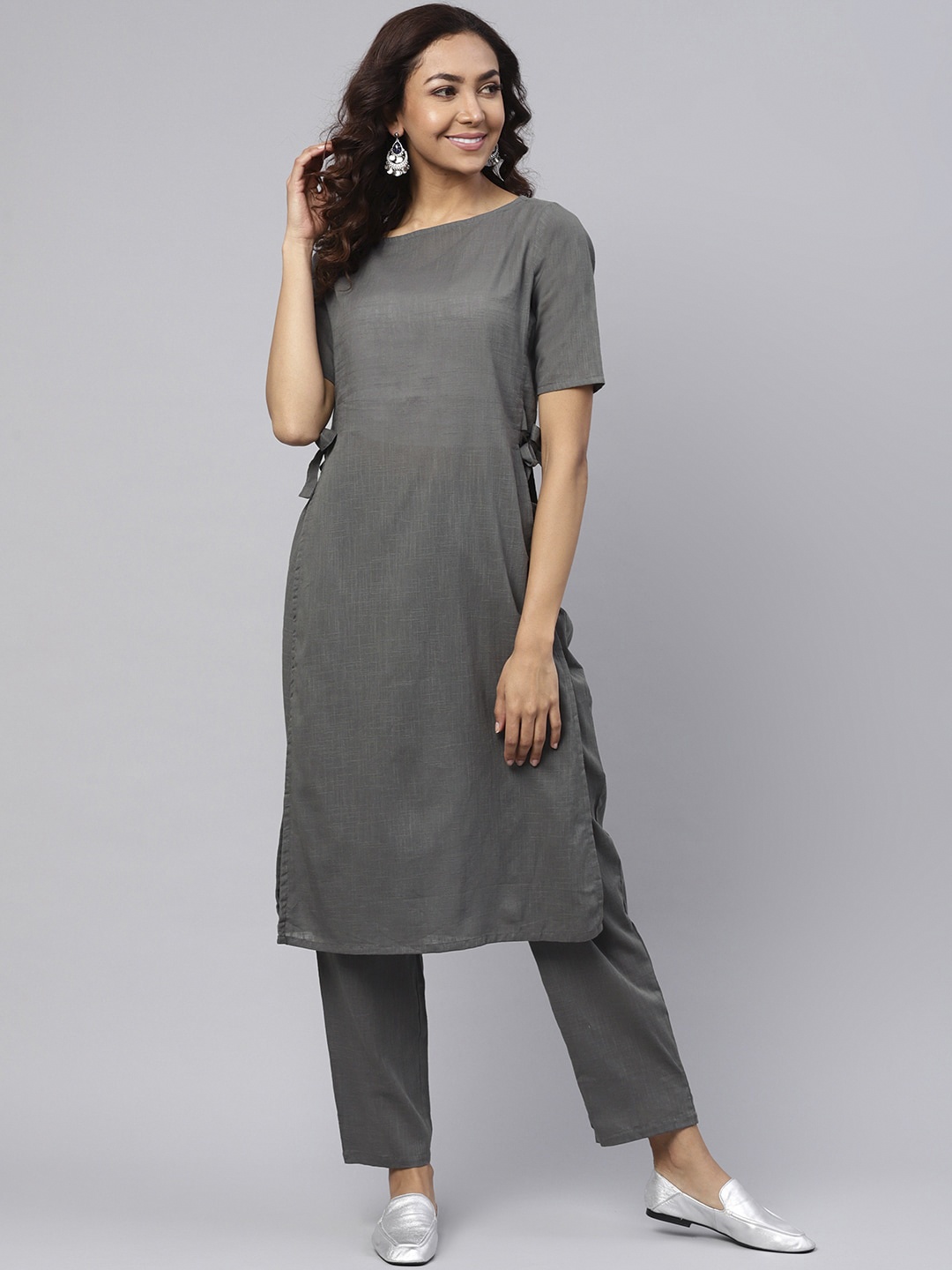 

Idalia Women Grey High Slit Pure Cotton Kurta with Trousers