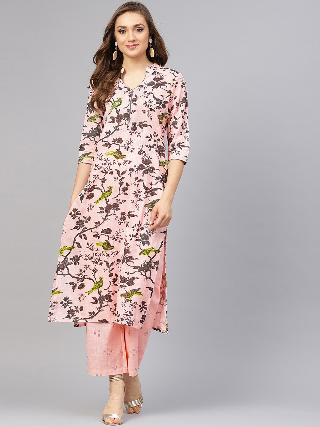 

Idalia Women Pink Floral Printed Regular Pure Cotton Kurta with Palazzos