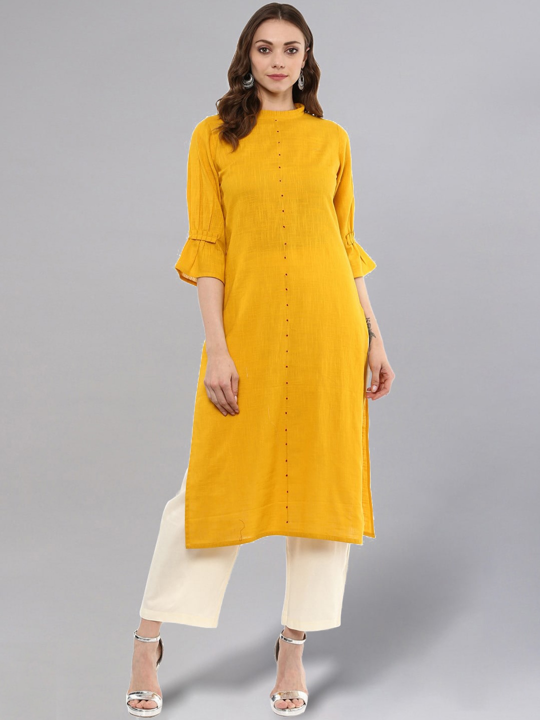 

Idalia Women Mustard Yellow Mandarin Collar Kurta