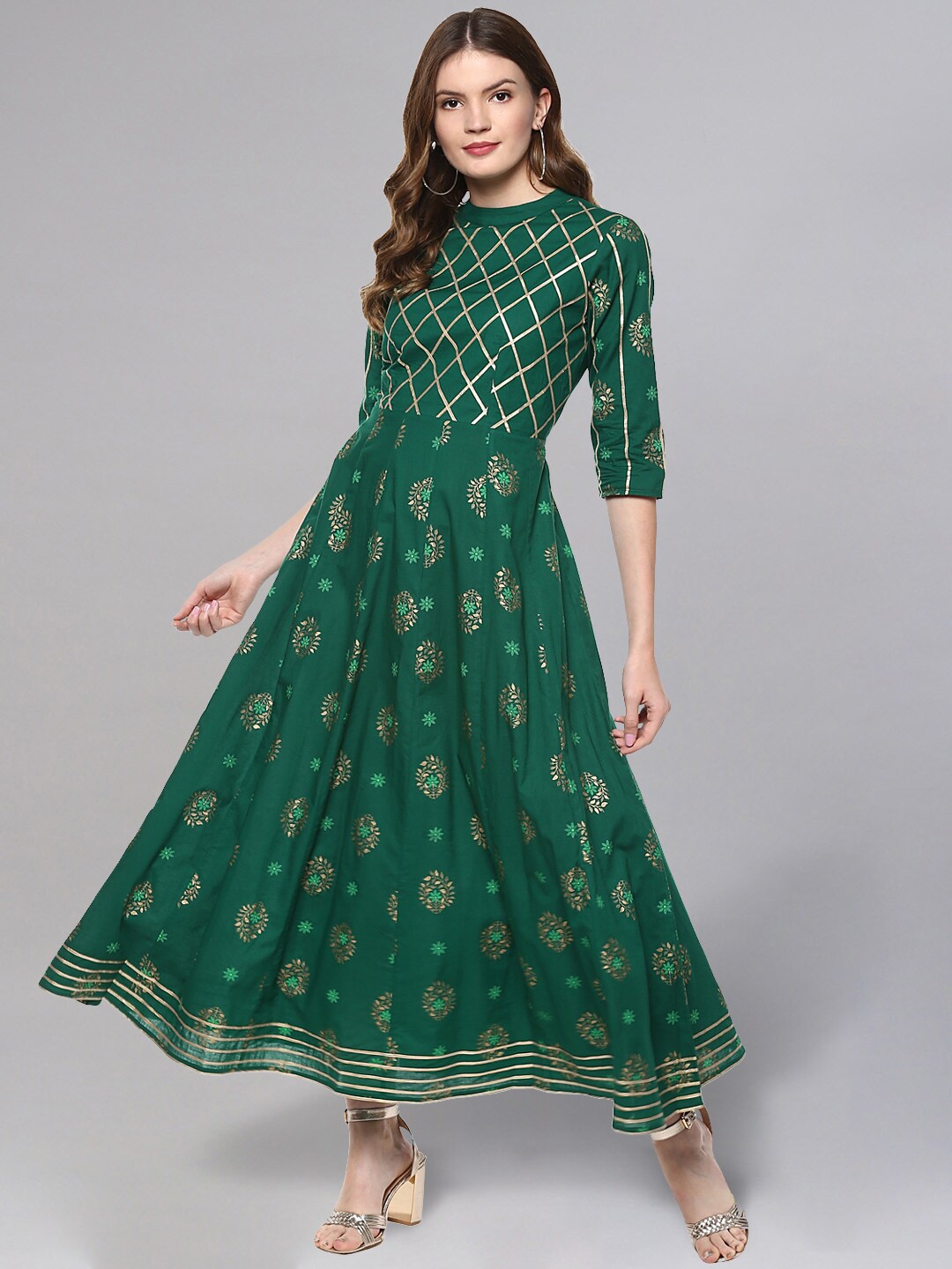 

Idalia Ethnic Motifs Printed Cotton A-Line Ethnic Dress, Green