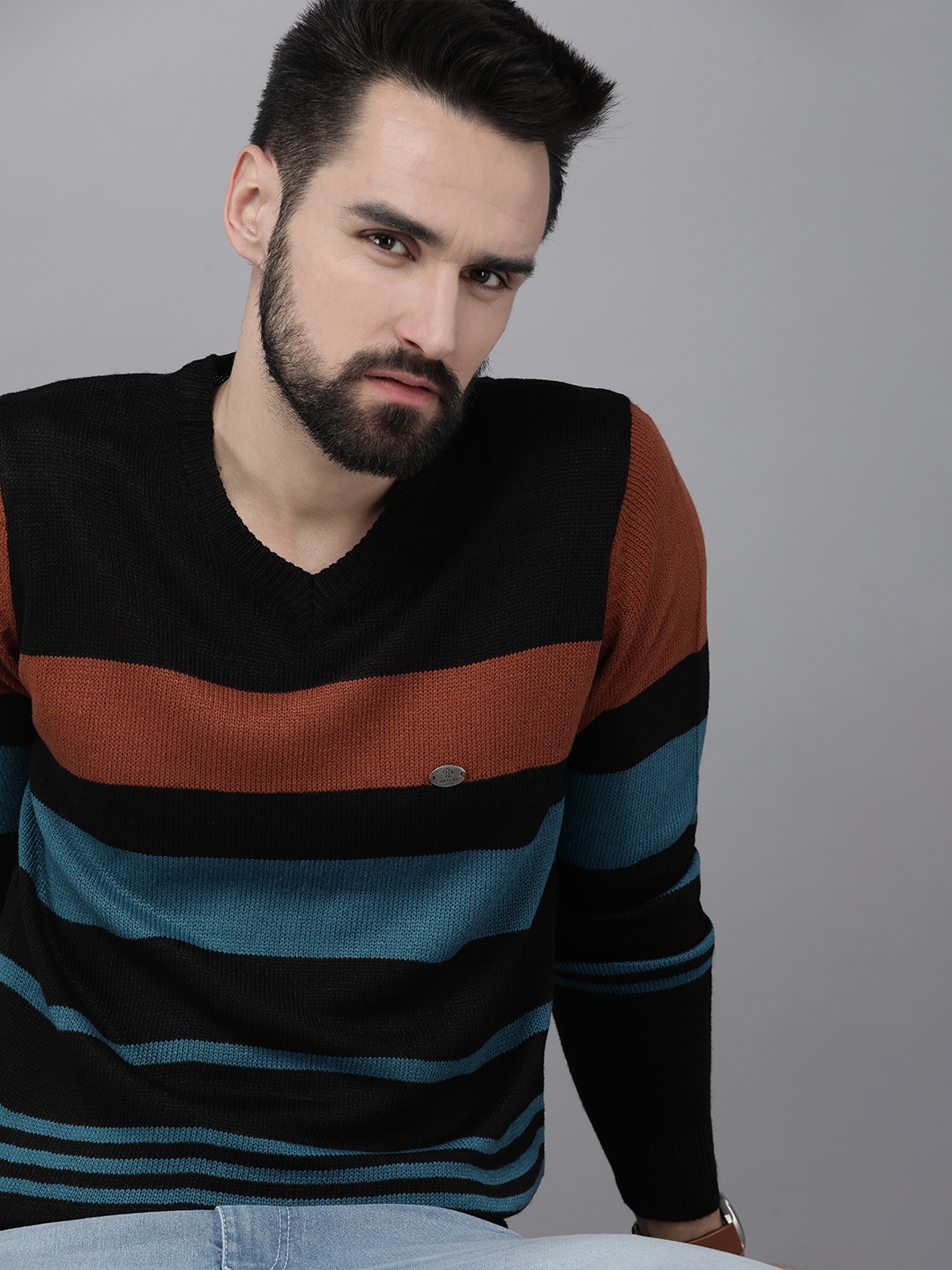 

The Roadster Lifestyle Co Men Black & Brown Striped Pullover Sweater