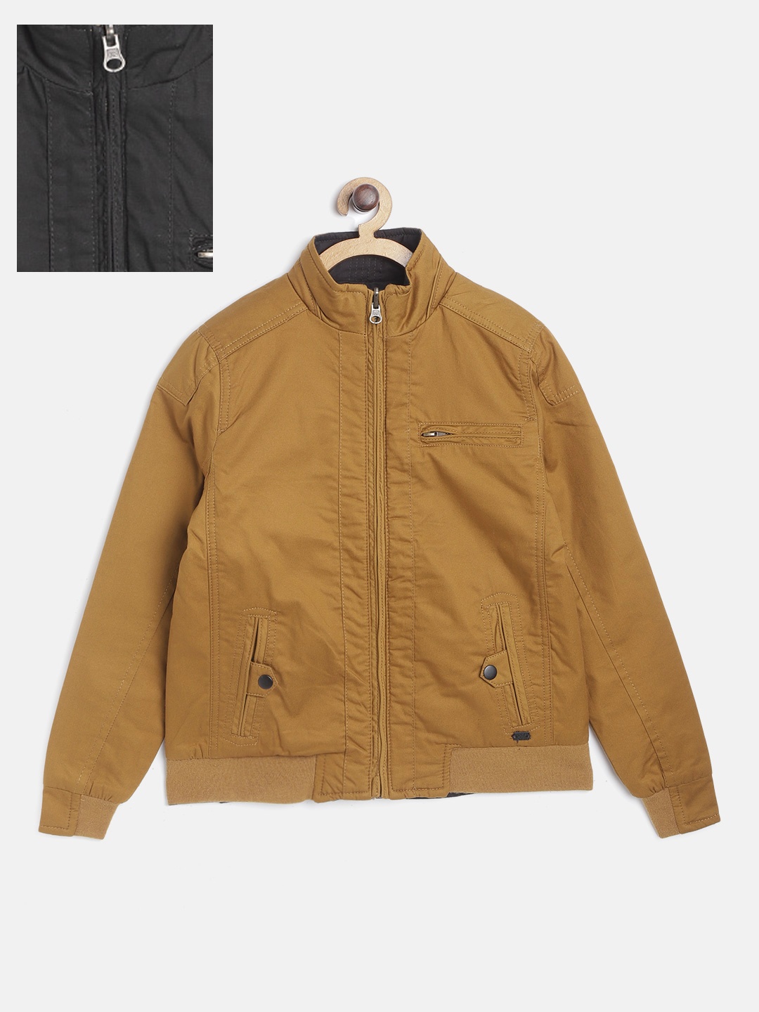 

UTH by Roadster Boys Mustard Brown & Black Pure Cotton Reversible Bomber Jacket